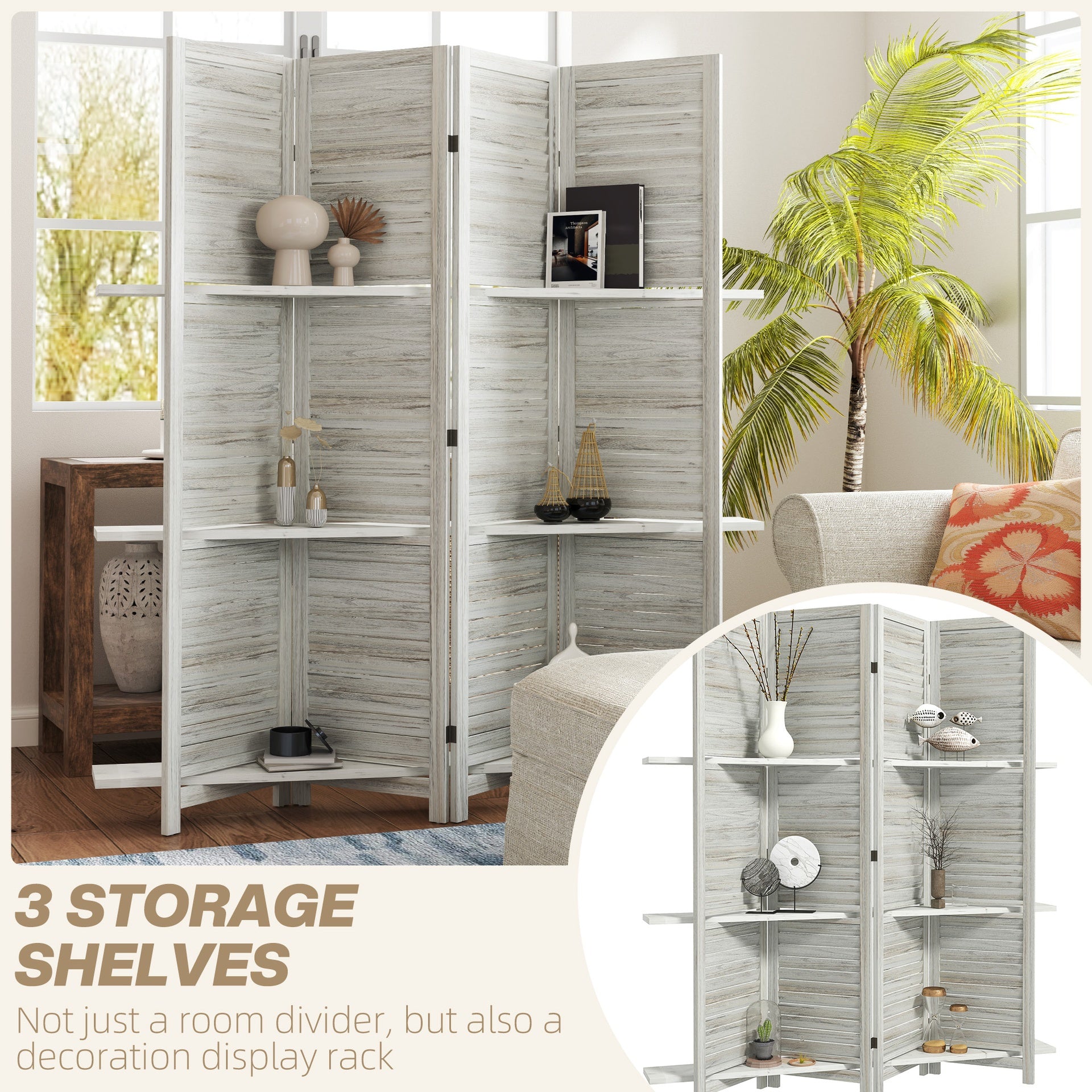 HOMCOM 4 Panel 67" Tall Wood Privacy Screen Room Divider with 3 Shelves and Folding Storage for Bedroom, Distressed White