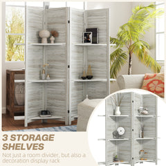 HOMCOM 4 Panel 67" Tall Wood Privacy Screen Room Divider with 3 Shelves and Folding Storage for Bedroom, Distressed White