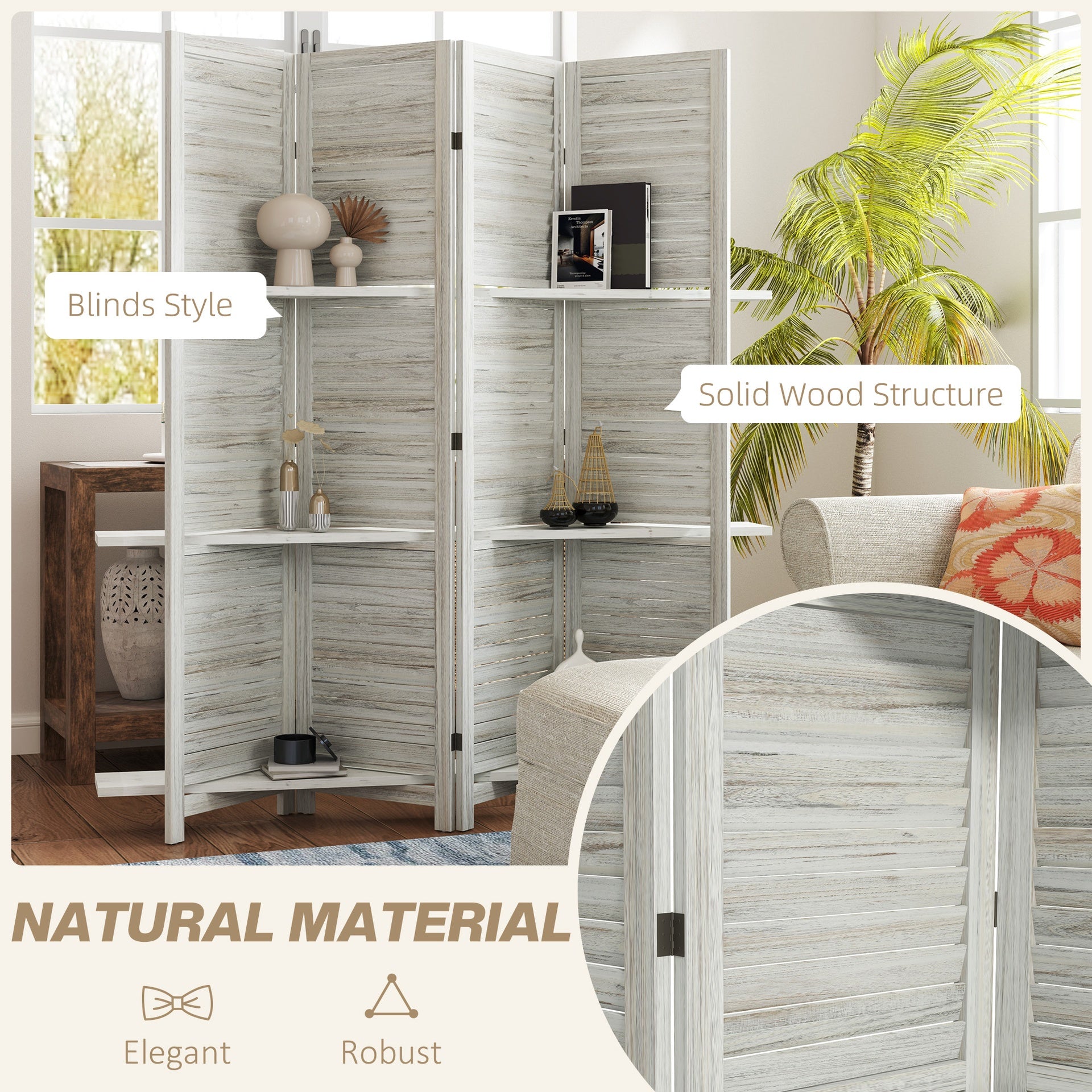 HOMCOM 4 Panel 67" Tall Wood Privacy Screen Room Divider with 3 Shelves and Folding Storage for Bedroom, Distressed White