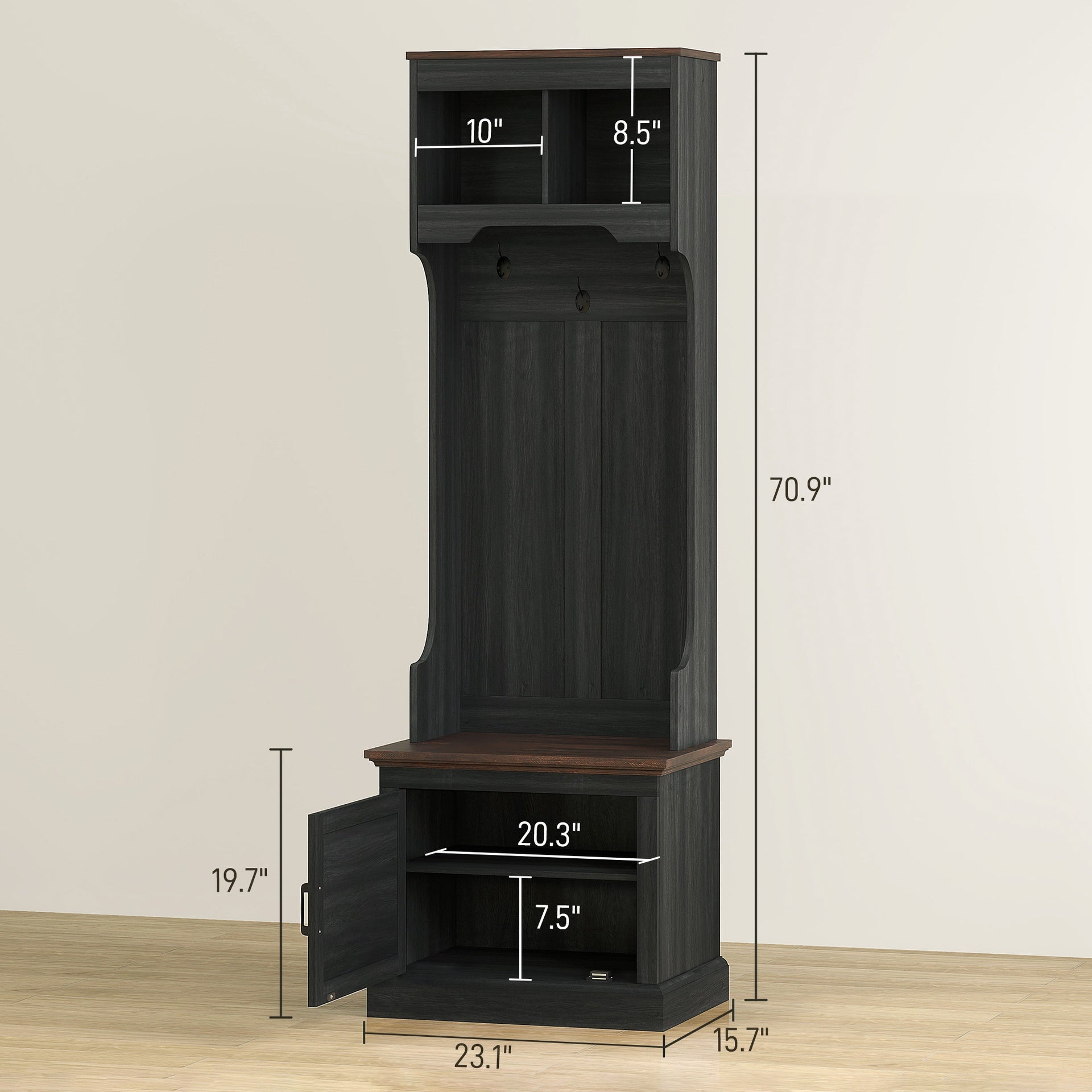 HOMCOM 3-in-1 Hall Tree with Shoe Storage, Coat Rack with Bench, Entryway Furniture with Five Hooks, Black Wood Grain