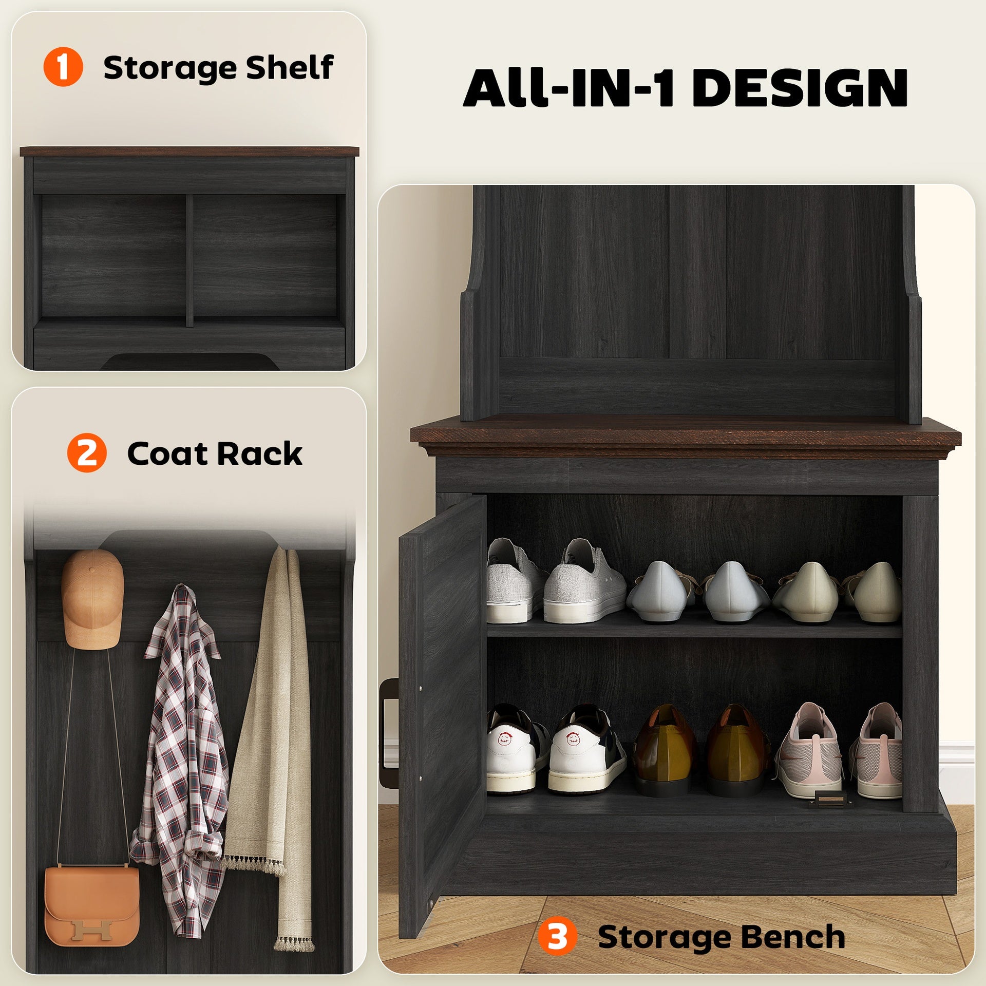 HOMCOM 3-in-1 Hall Tree with Shoe Storage, Coat Rack with Bench, Entryway Furniture with Five Hooks, Black Wood Grain