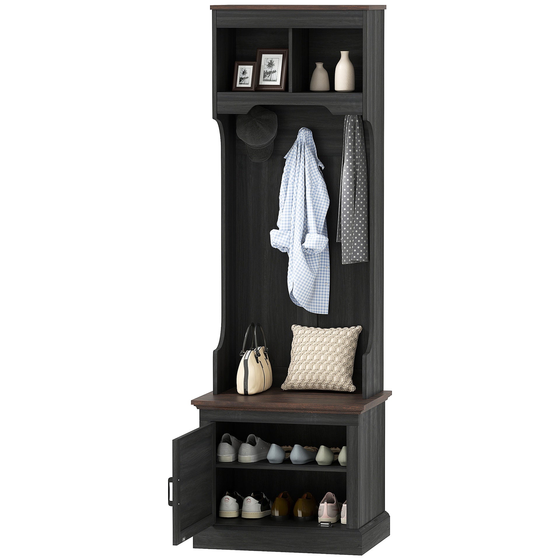 HOMCOM 3-in-1 Hall Tree with Shoe Storage, Coat Rack with Bench, Entryway Furniture with Five Hooks, Black Wood Grain