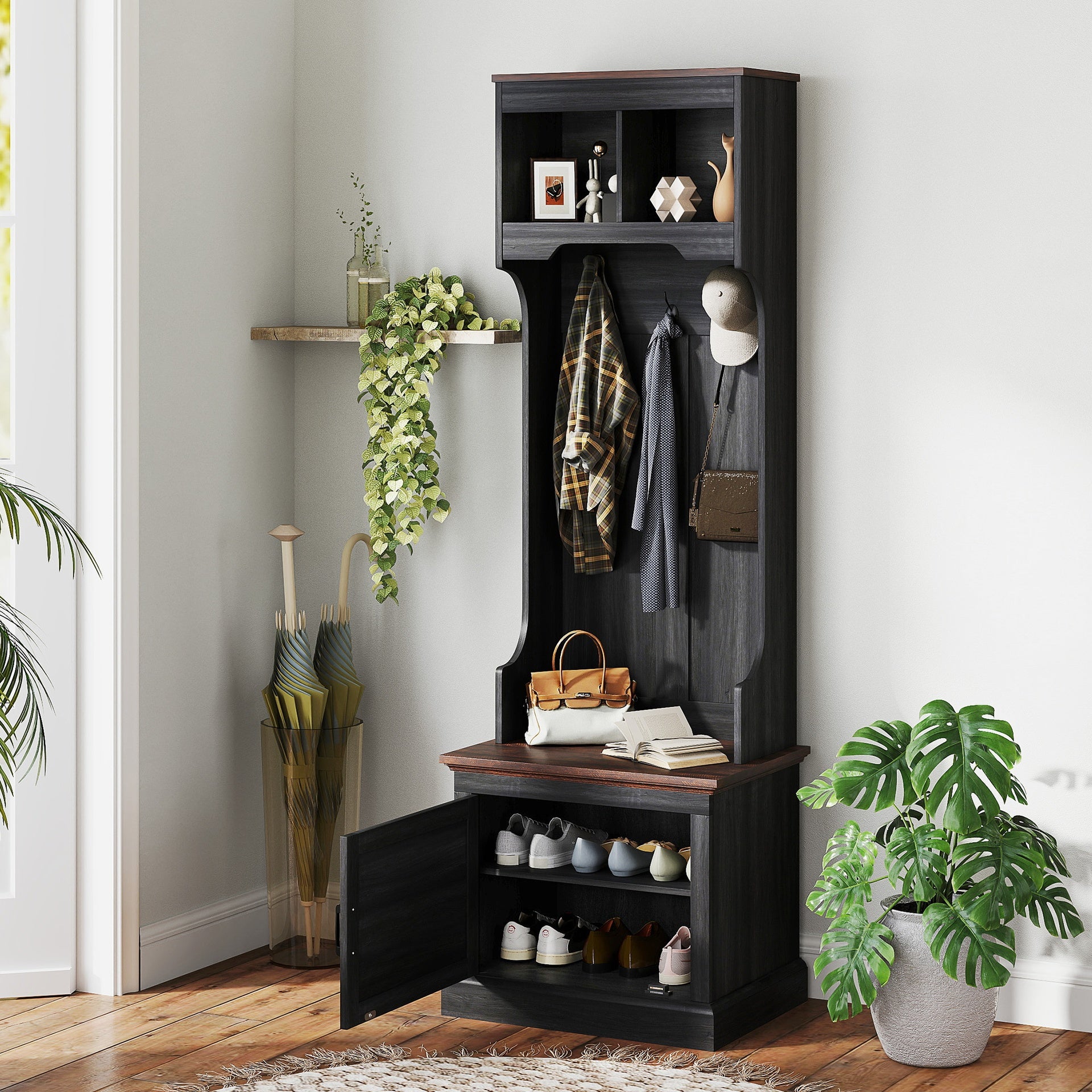 HOMCOM 3-in-1 Hall Tree with Shoe Storage, Coat Rack with Bench, Entryway Furniture with Five Hooks, Black Wood Grain