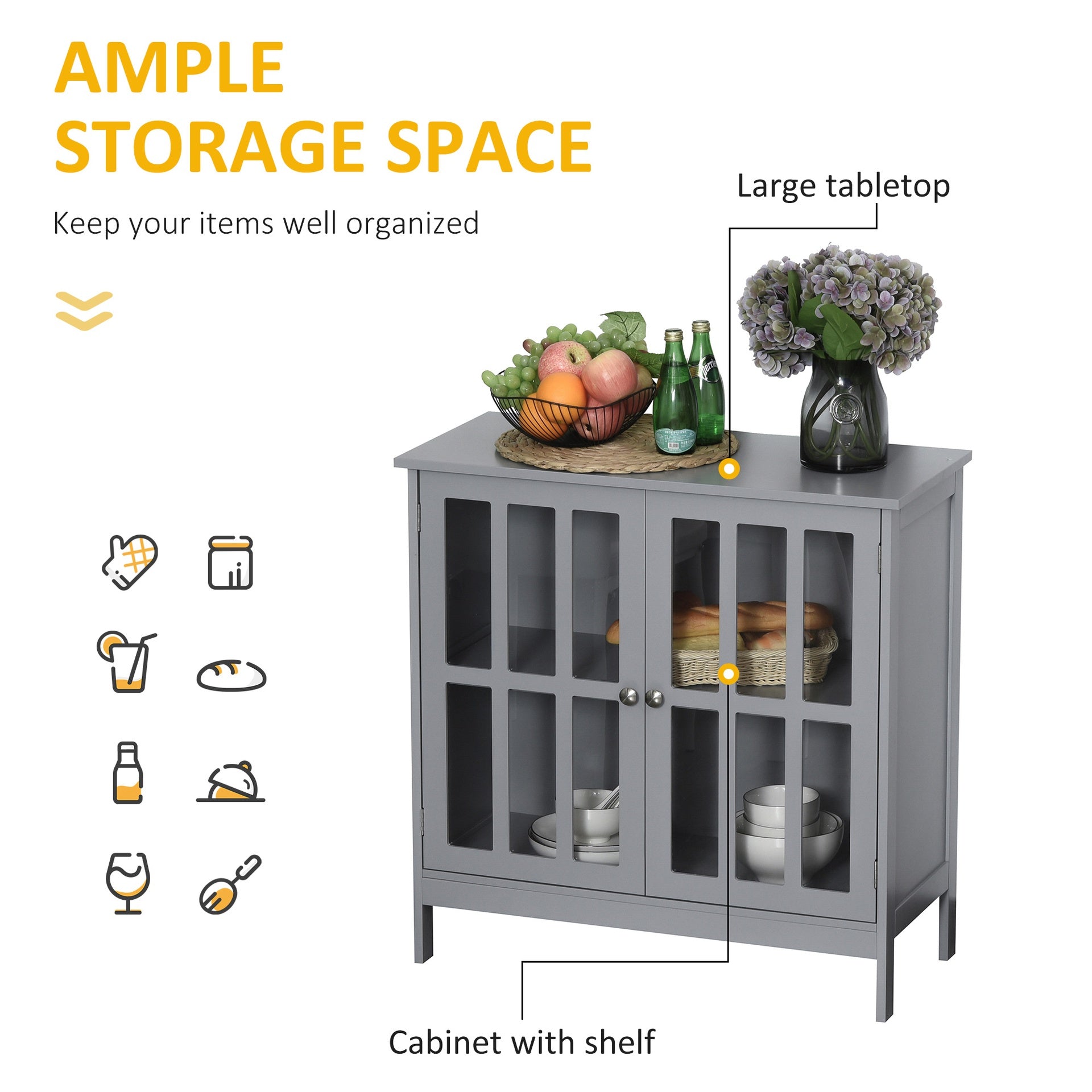 kleankin Contemporary Storage Cabinet, Cupboard Buffet Credenza with 2 Doors for Kitchen, Hallway, Living Room, Gray
