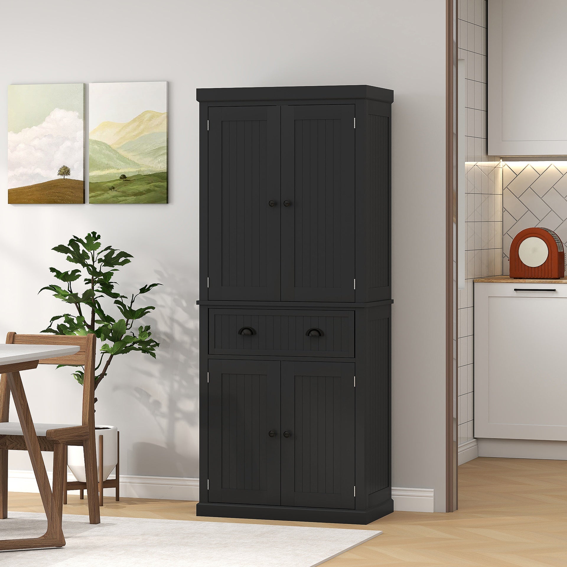 HOMCOM 72" Kitchen Pantry Storage Cabinet, Cupboard with 4 Doors and 3 Adjustable Shelves, Large Central Drawer, Black