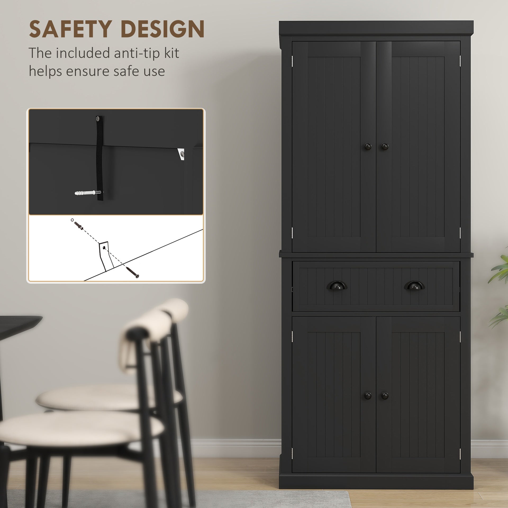 HOMCOM 72" Kitchen Pantry Storage Cabinet, Cupboard with 4 Doors and 3 Adjustable Shelves, Large Central Drawer, Black