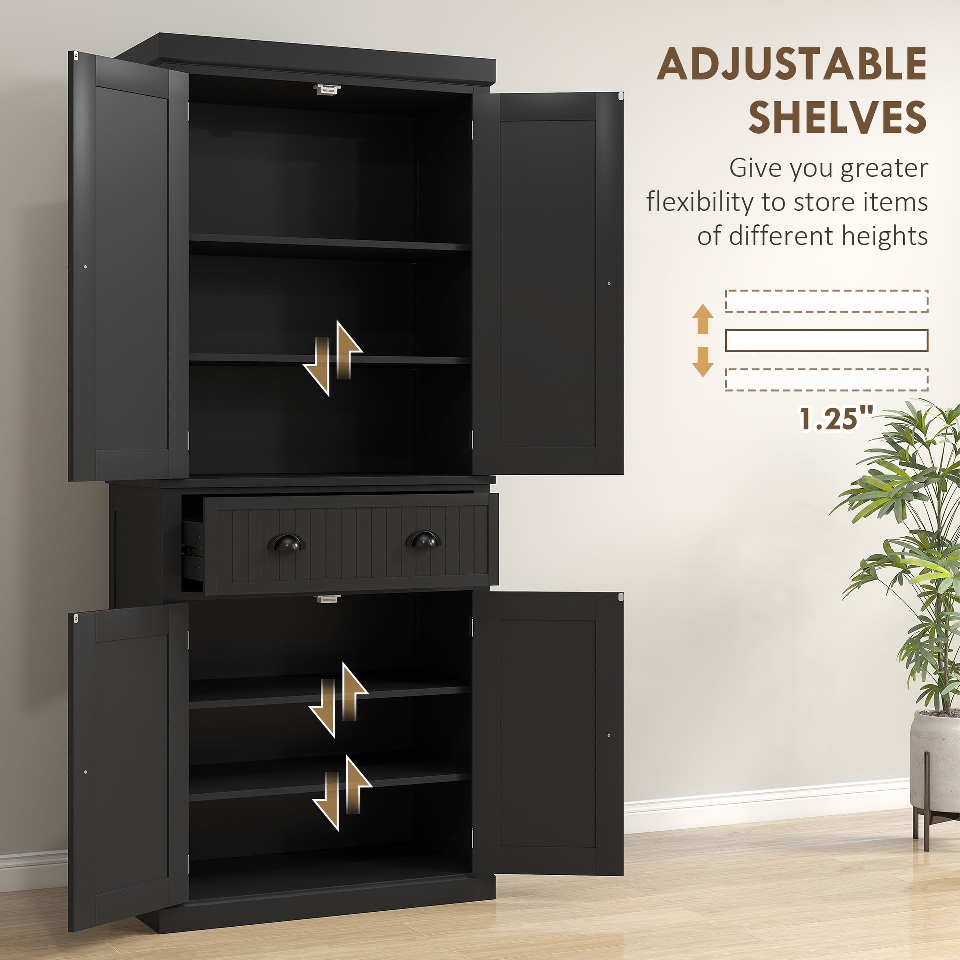 HOMCOM 72" Kitchen Pantry Storage Cabinet, Cupboard with 4 Doors and 3 Adjustable Shelves, Large Central Drawer, Black