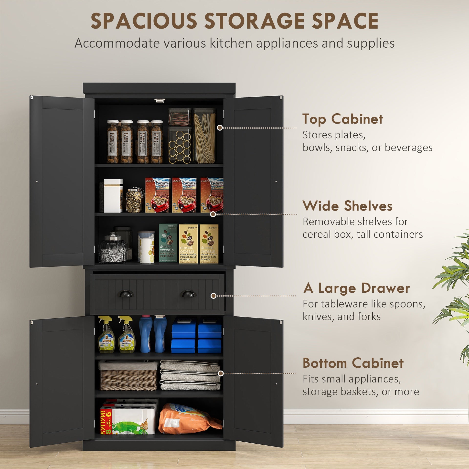 HOMCOM 72" Kitchen Pantry Storage Cabinet, Cupboard with 4 Doors and 3 Adjustable Shelves, Large Central Drawer, Black