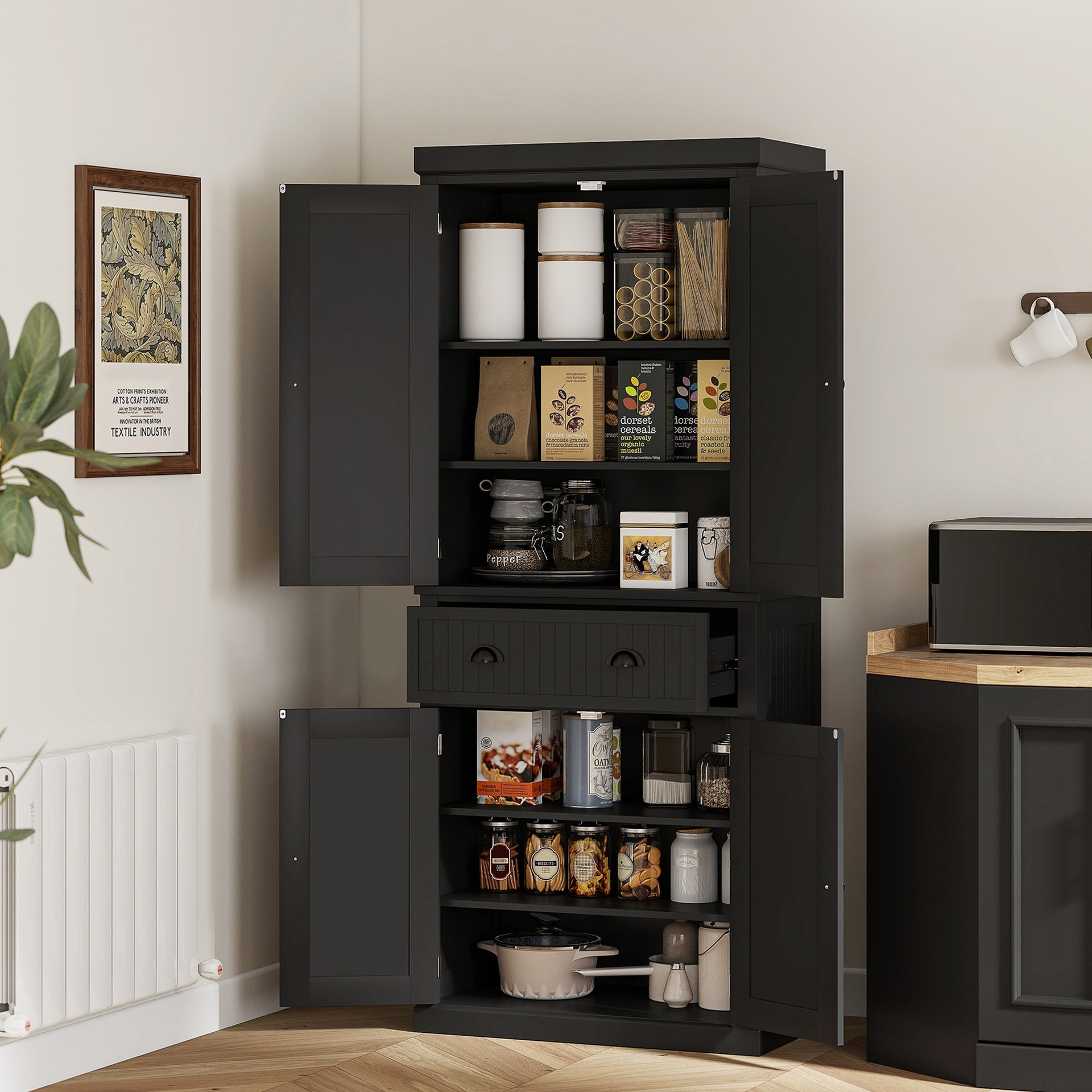 HOMCOM 72" Kitchen Pantry Storage Cabinet, Cupboard with 4 Doors and 3 Adjustable Shelves, Large Central Drawer, Black