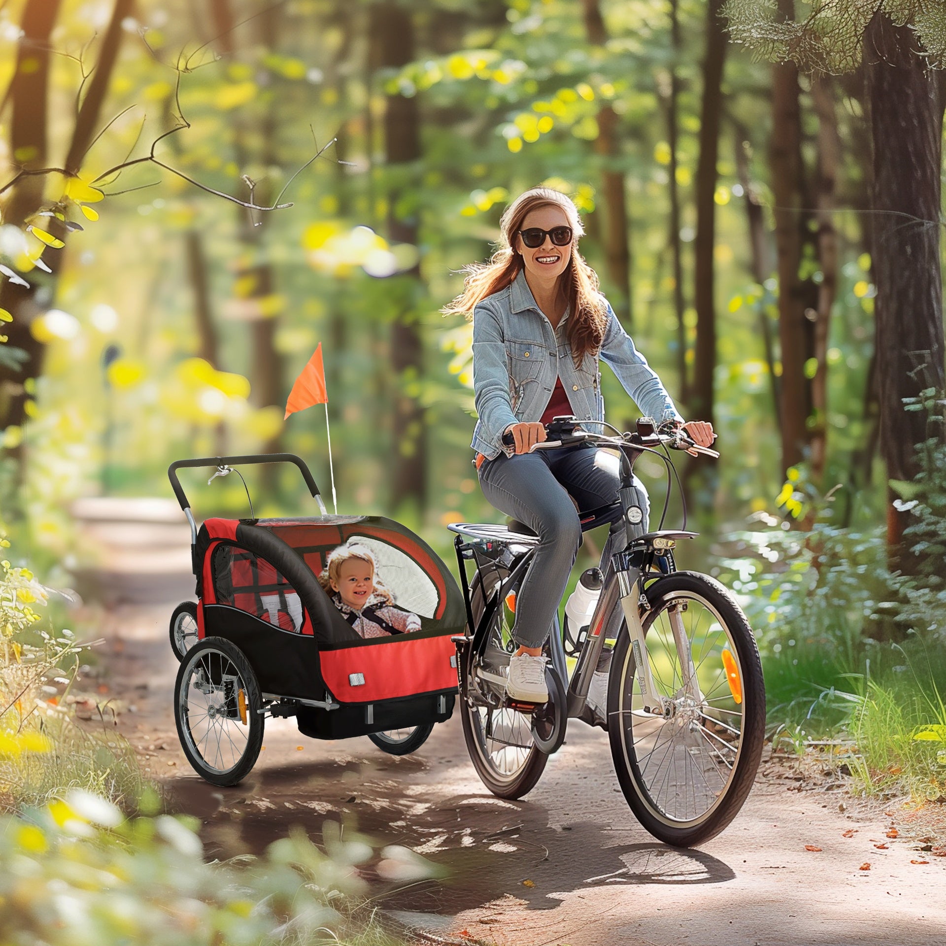 Aosom 2-Seat Elite 360 Swivel Bike Trailer for Kids Bicycle Cargo Trailer with Water-Resistant Windows, Black and Red