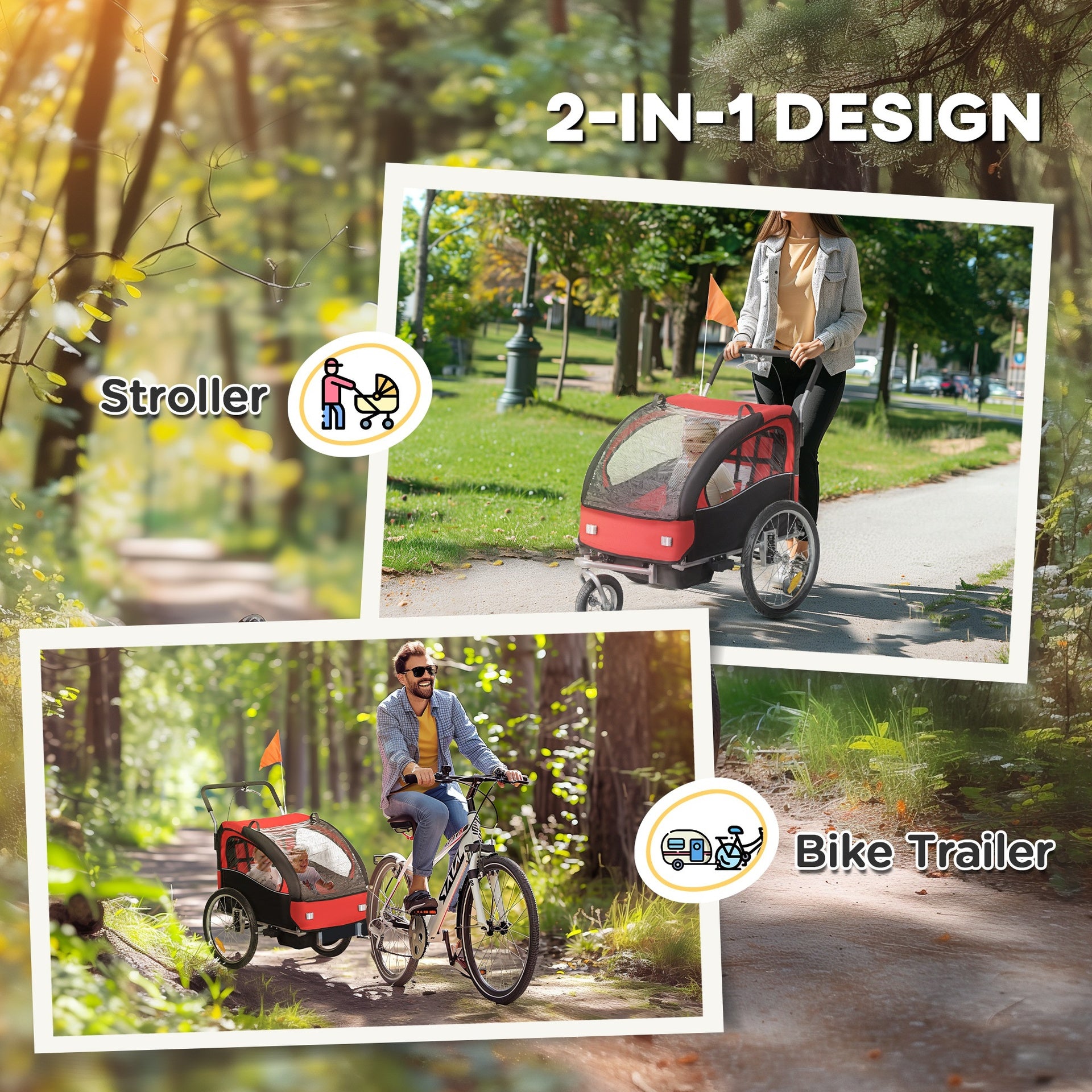 Aosom 2-Seat Elite 360 Swivel Bike Trailer for Kids Bicycle Cargo Trailer with Water-Resistant Windows, Black and Red