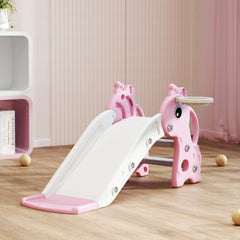 Qaba 3-in-1 Toddler Slide for Age 1-3, Freestanding Kids Slide with Climber, Basketball Hoop and Ball, Giraffe Design, Pink