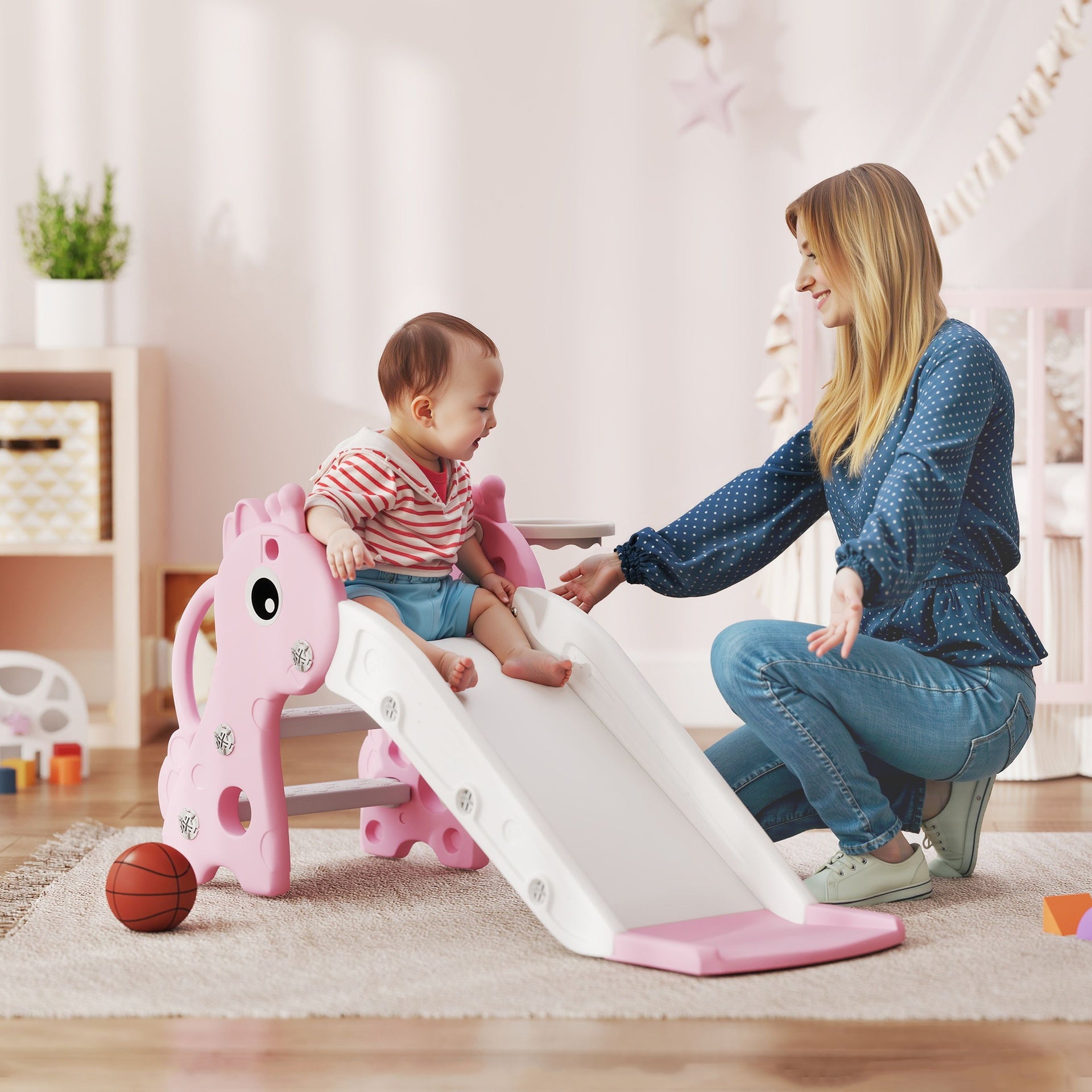 Qaba 3-in-1 Toddler Slide for Age 1-3, Freestanding Kids Slide with Climber, Basketball Hoop and Ball, Giraffe Design, Pink