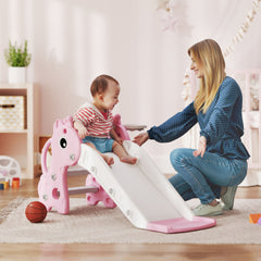 Qaba 3-in-1 Toddler Slide for Age 1-3, Freestanding Kids Slide with Climber, Basketball Hoop and Ball, Giraffe Design, Pink