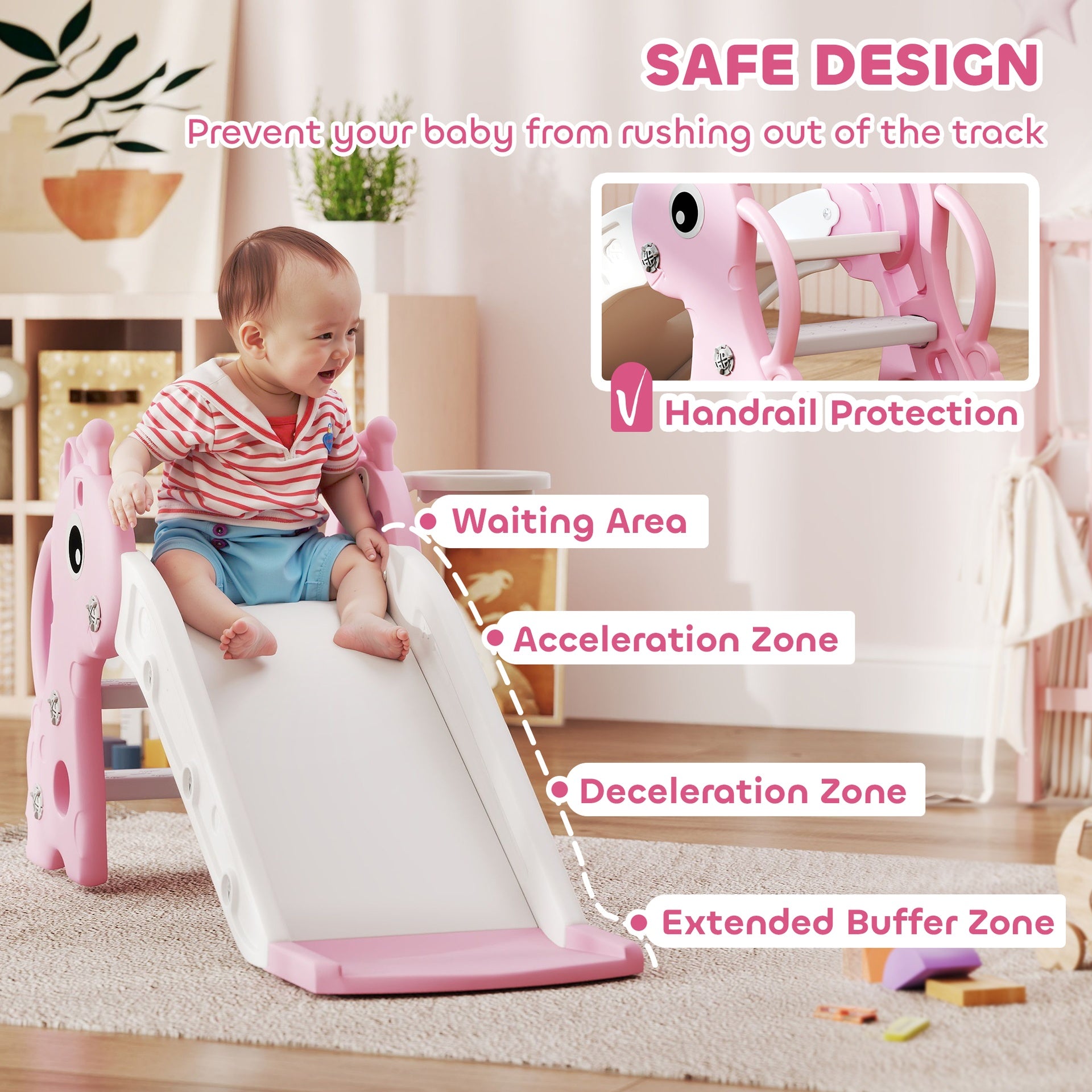 Qaba 3-in-1 Toddler Slide for Age 1-3, Freestanding Kids Slide with Climber, Basketball Hoop and Ball, Giraffe Design, Pink