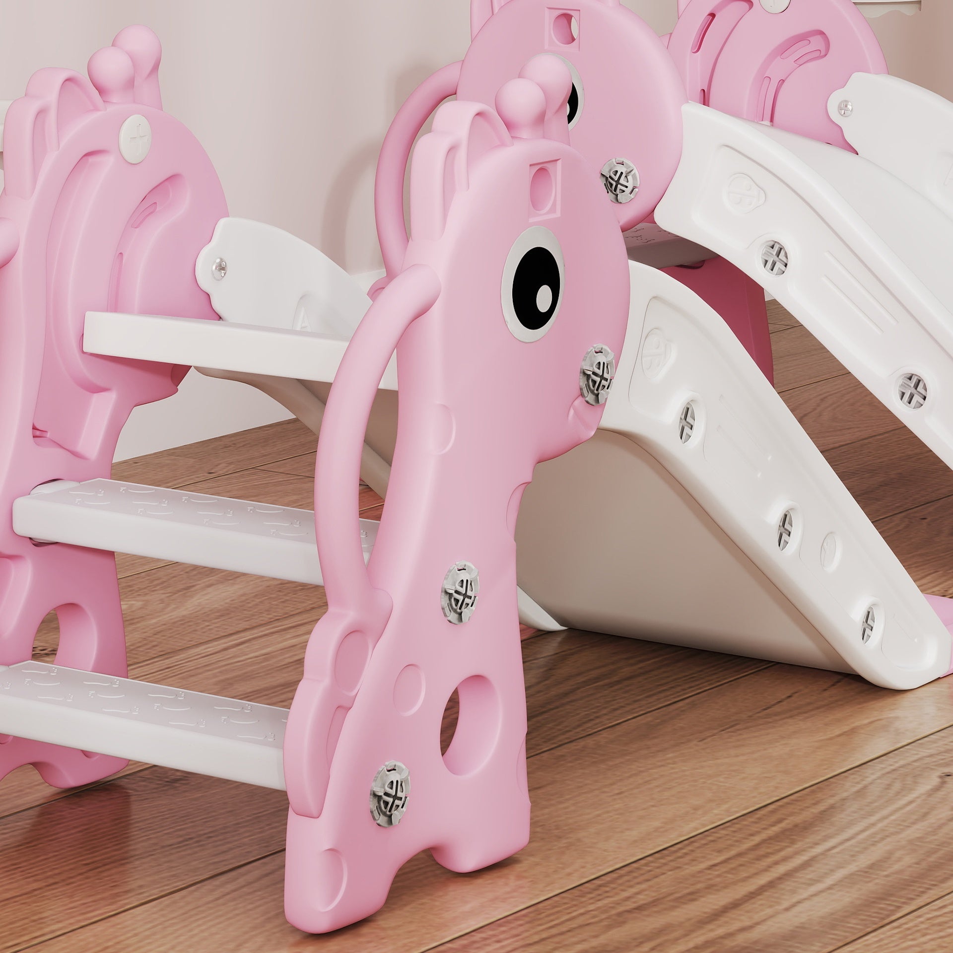Qaba 3-in-1 Toddler Slide for Age 1-3, Freestanding Kids Slide with Climber, Basketball Hoop and Ball, Giraffe Design, Pink