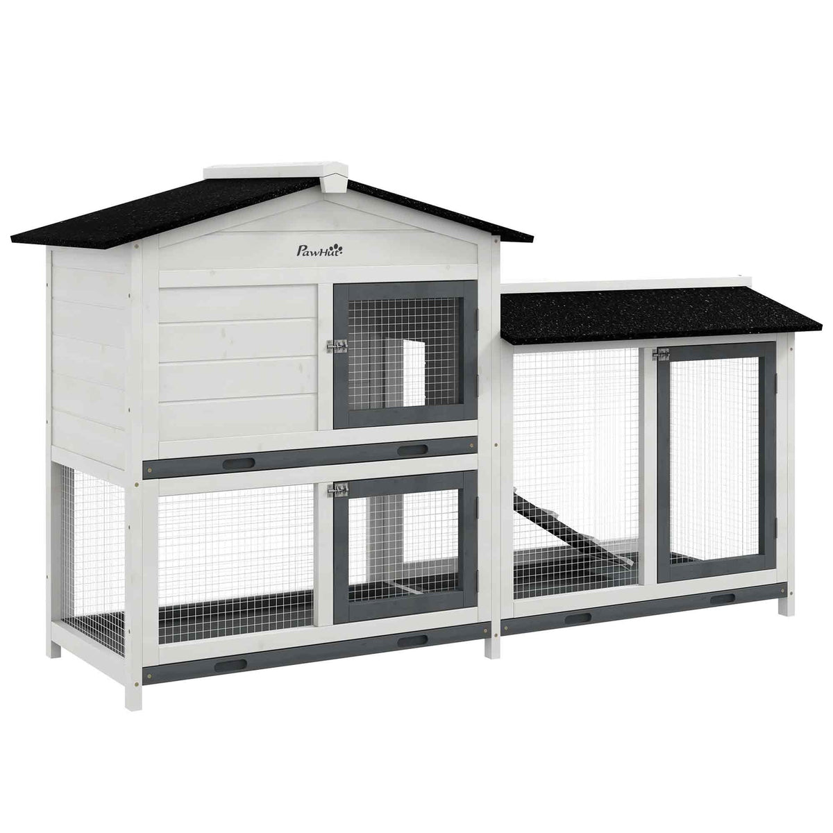 PawHut 62" Rabbit Hutch, Wooden Bunny Hutch, Guinea Pig Cage, Small Animal Enclosure with Run Area, Removable Tray, Asphalt Roof, Lockable Doors and Ramp, for Rabbits, Chickens, Ducks, White