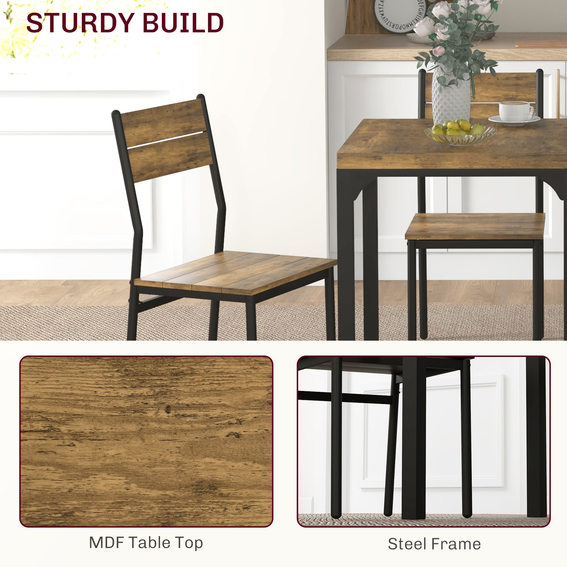 HOMCOM 3 Piece Dining Room Set for 2, Dining Table Set for Breakfast Nook, Small Space, Apartment, Space Saving, Rustic Brown