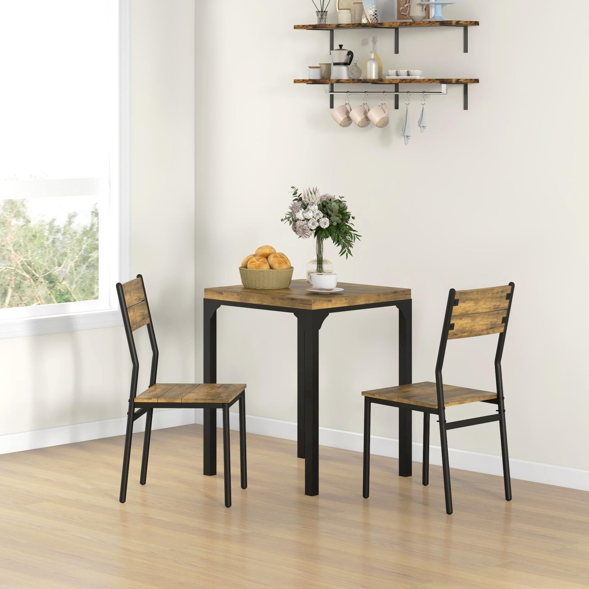 HOMCOM 3 Piece Dining Room Set for 2, Dining Table Set for Breakfast Nook, Small Space, Apartment, Space Saving, Rustic Brown