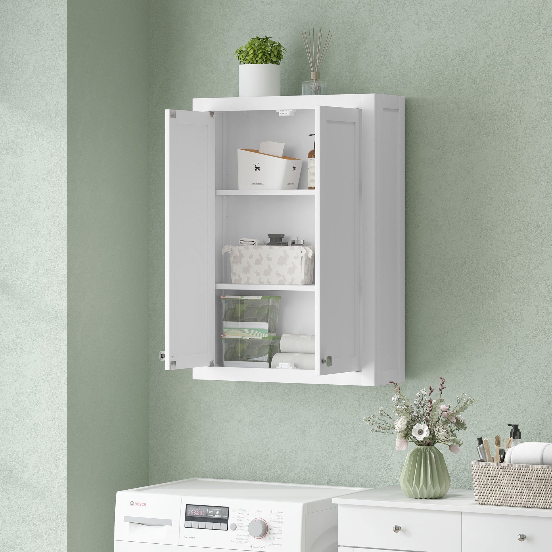 HOMCOM Bathroom Cabinet Wall Mounted, Modern Bathroom Wall Cabinet with 2 Doors and 2 Adjustable Shelves, White
