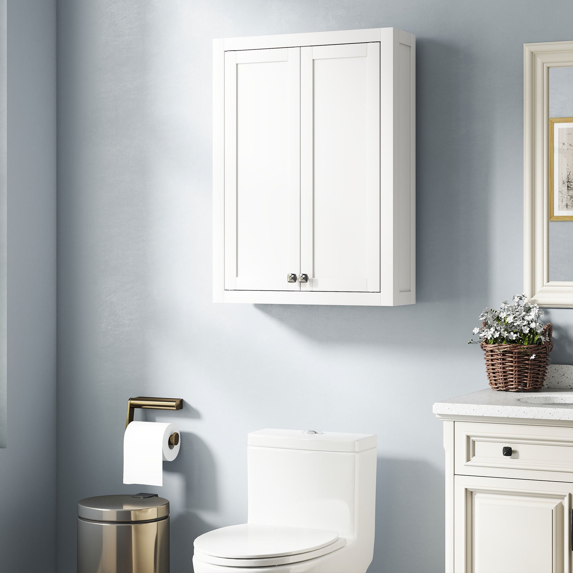 HOMCOM Bathroom Cabinet Wall Mounted, Modern Bathroom Wall Cabinet with 2 Doors and 2 Adjustable Shelves, White