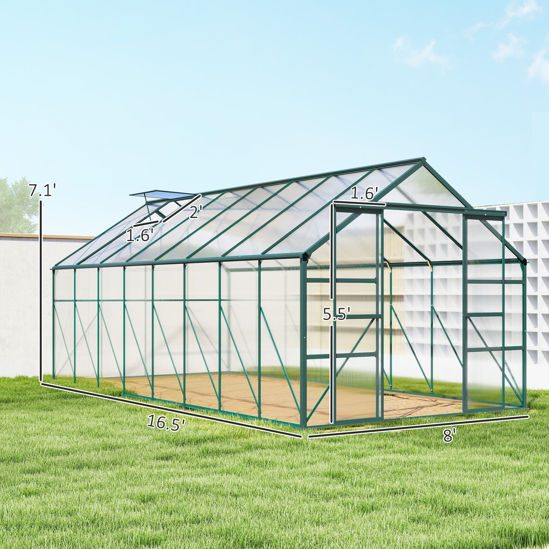 Outsunny 16' x 8' Aluminum Greenhouse Polycarbonate Walk-in Garden Greenhouse Kit with Adjustable Roof Vent, Rain Gutter and Sliding Door for Winter, Clear