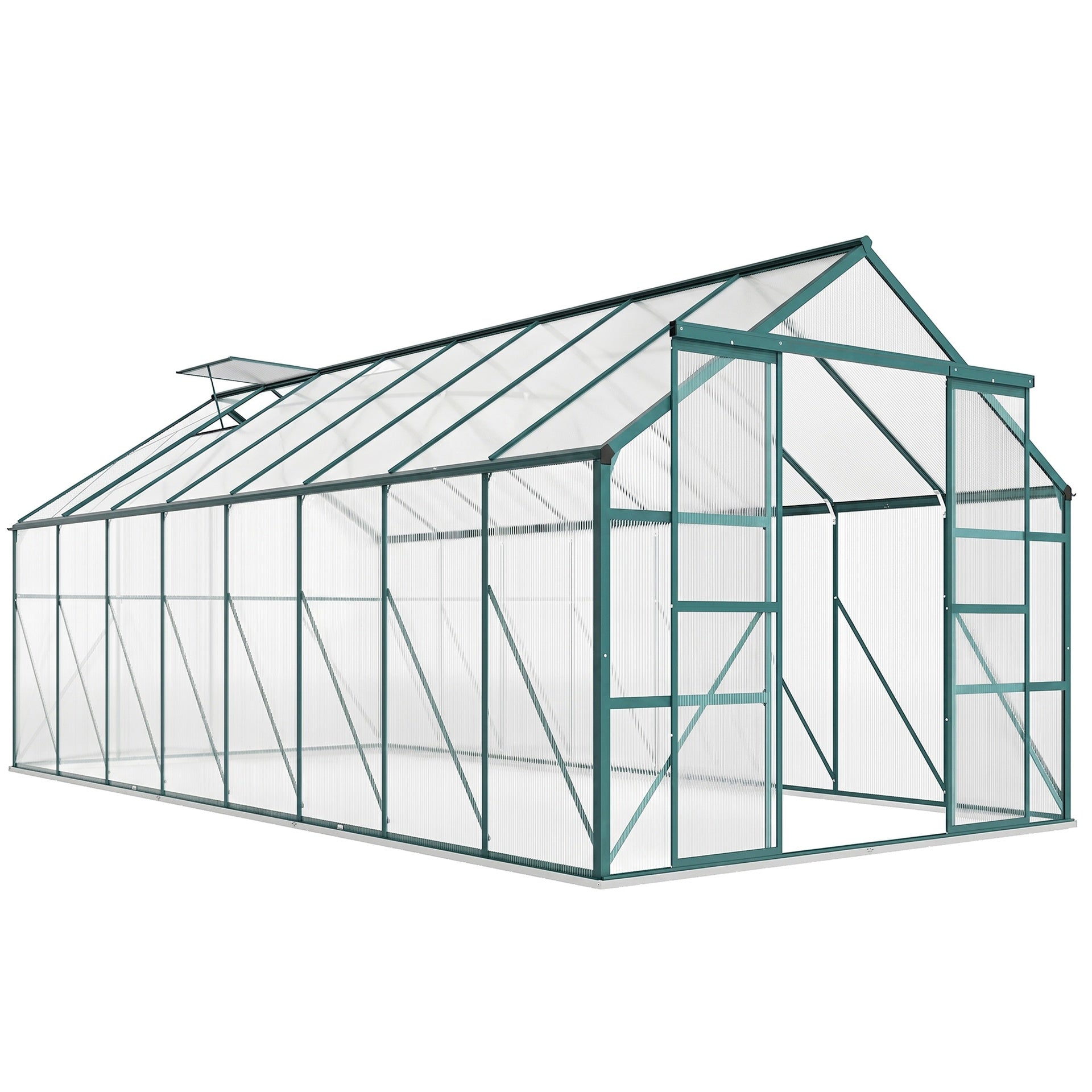 Outsunny 16' x 8' Aluminum Greenhouse Polycarbonate Walk-in Garden Greenhouse Kit with Adjustable Roof Vent, Rain Gutter and Sliding Door for Winter, Clear