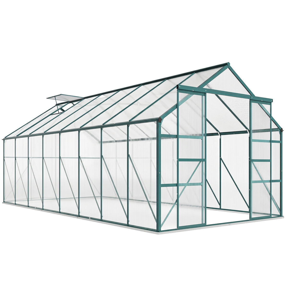 Outsunny 16' x 8' Aluminum Greenhouse Polycarbonate Walk-in Garden Greenhouse Kit with Adjustable Roof Vent, Rain Gutter and Sliding Door for Winter, Clear