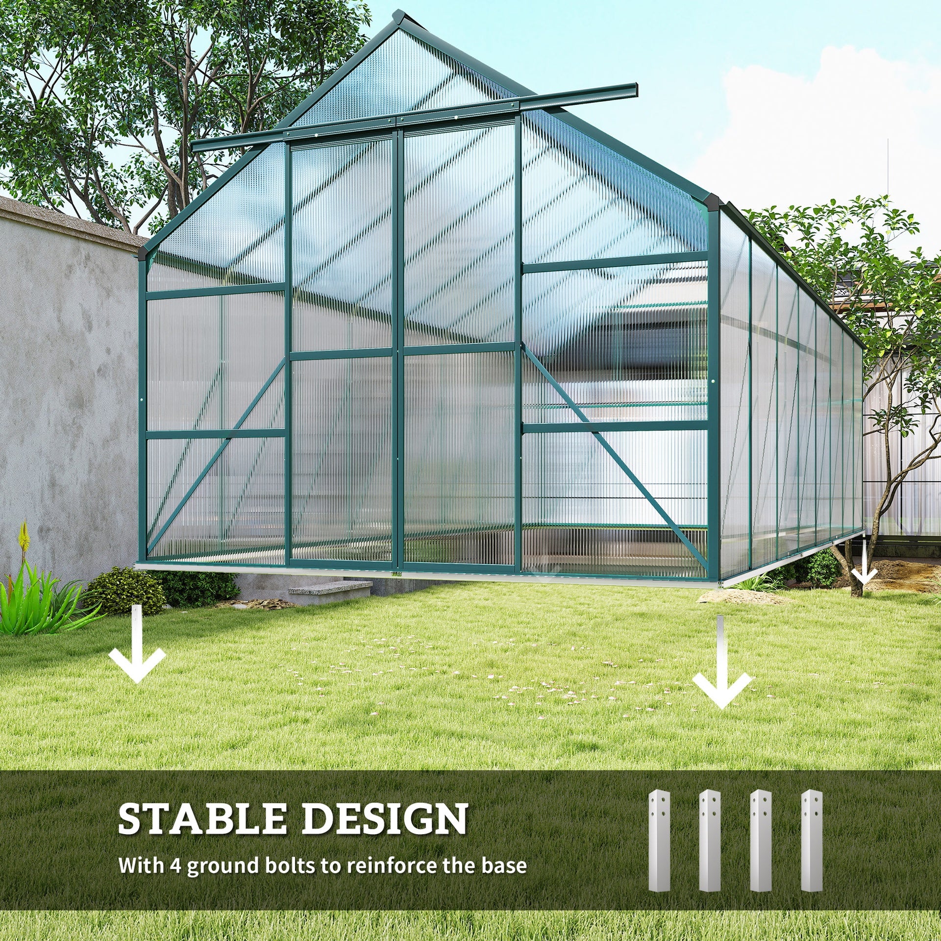 Outsunny 16' x 8' Aluminum Greenhouse Polycarbonate Walk-in Garden Greenhouse Kit with Adjustable Roof Vent, Rain Gutter and Sliding Door for Winter, Clear