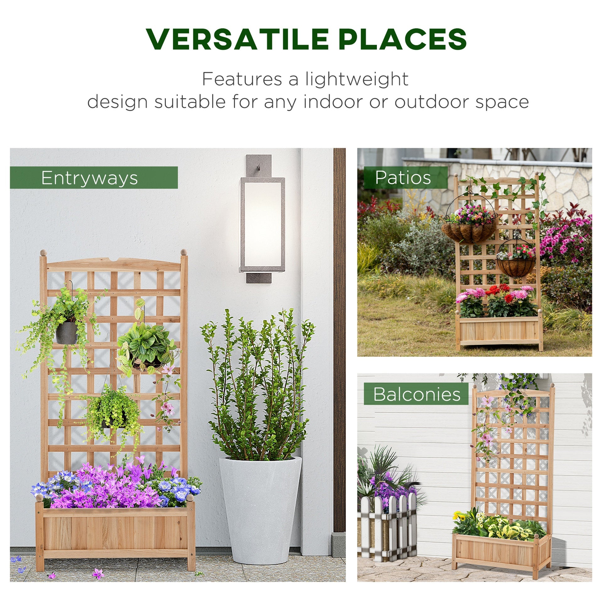 Outsunny Wooden Raised Garden Bed with Trellis, Outdoor Planter Box with Drainage Crevices for Climbing Vine Plants Flowers, 24" x 12" x 49"