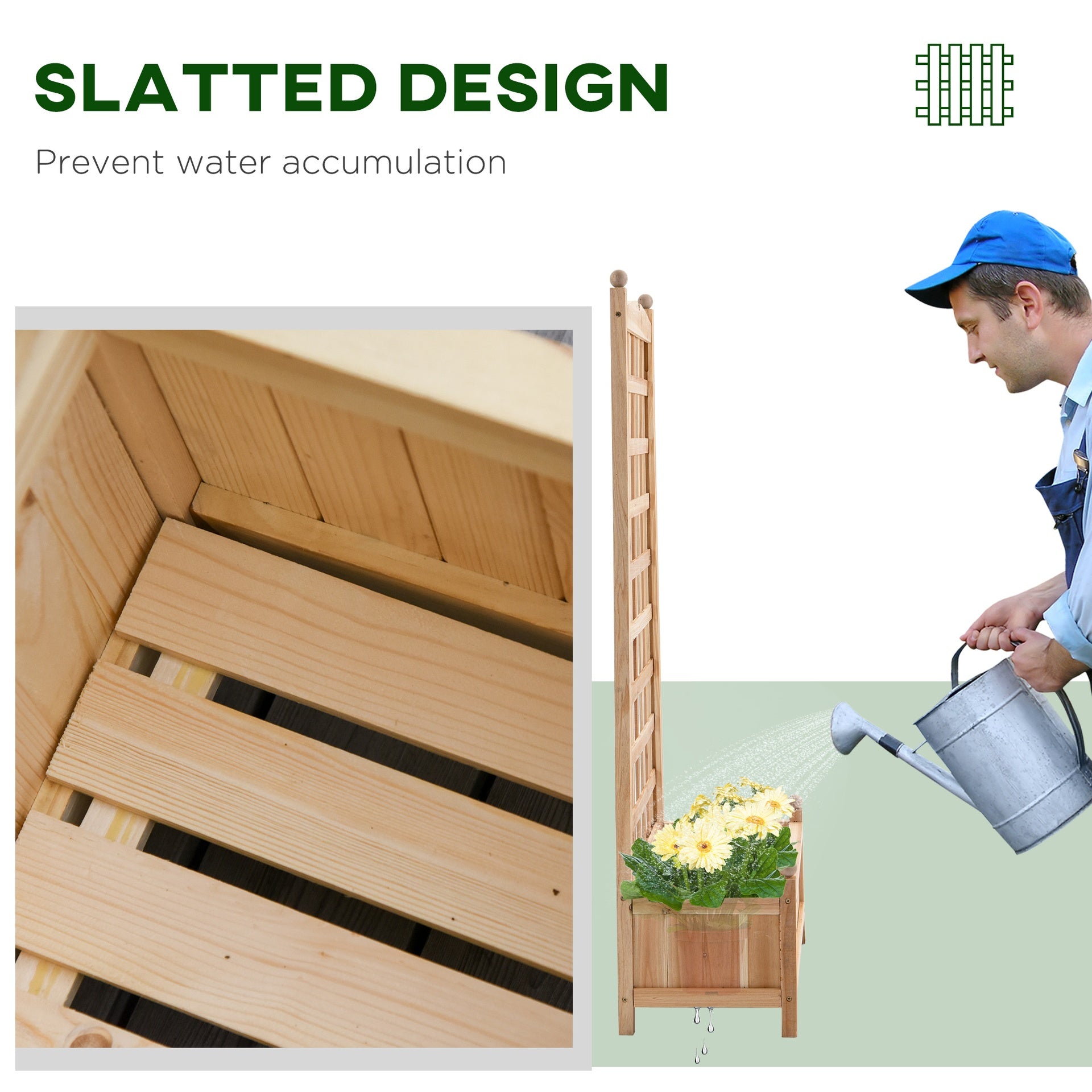 Outsunny Wooden Raised Garden Bed with Trellis, Outdoor Planter Box with Drainage Crevices for Climbing Vine Plants Flowers, 24" x 12" x 49"