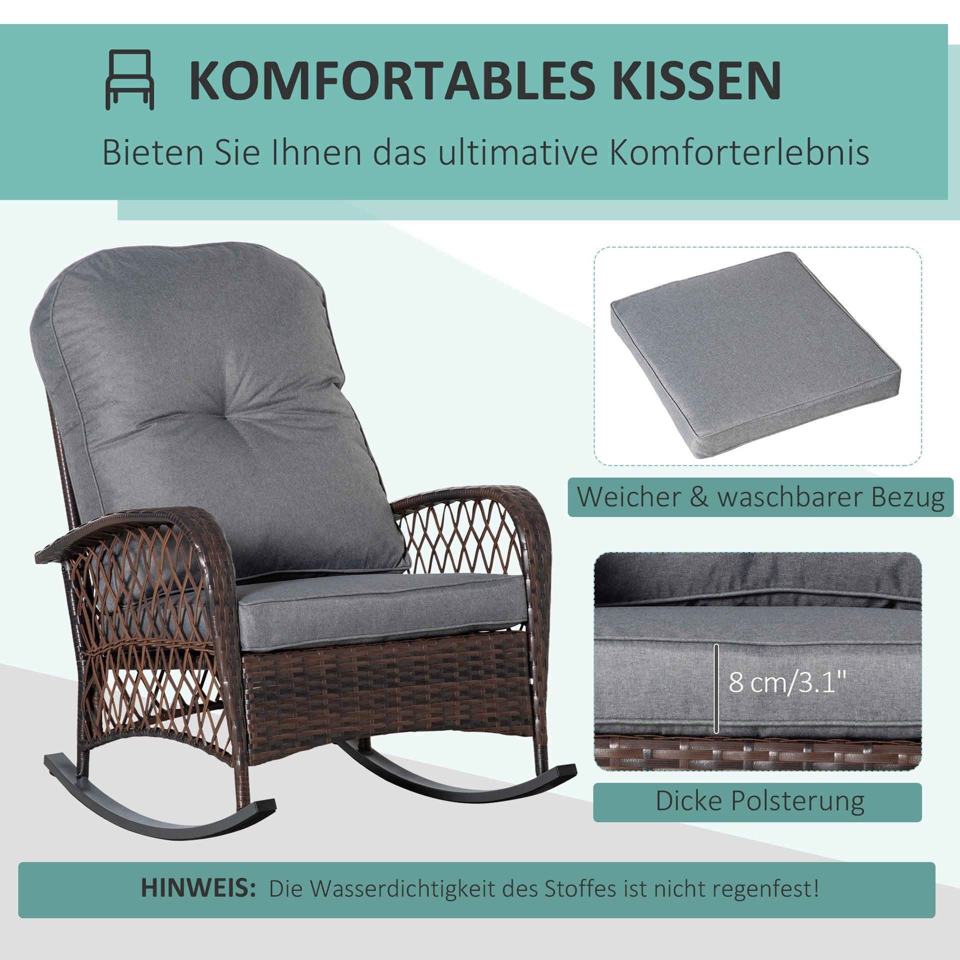 Outsunny Rattan Porch Rocker w/ Plush Cushion, Gray