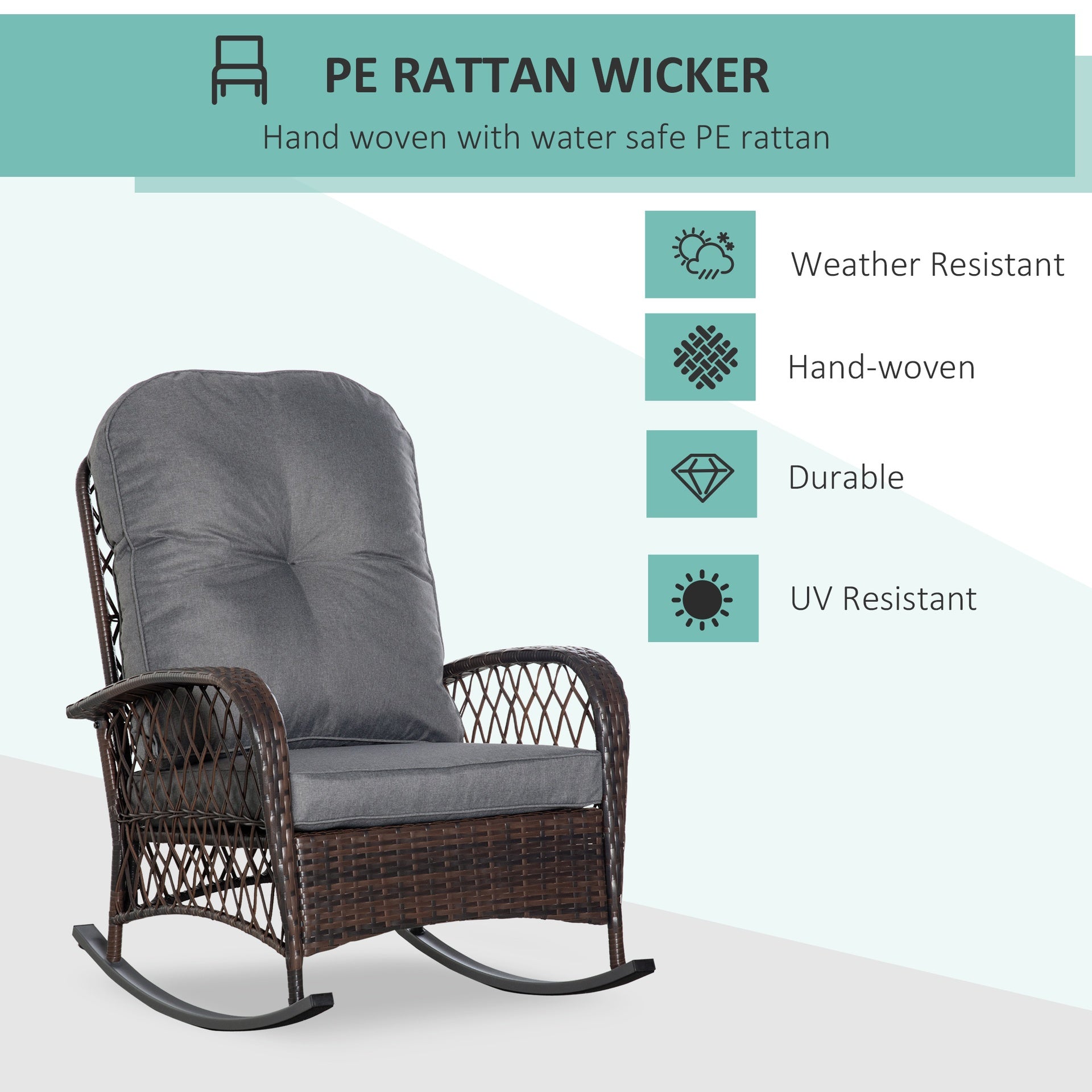 Outsunny Rattan Porch Rocker w/ Plush Cushion, Gray