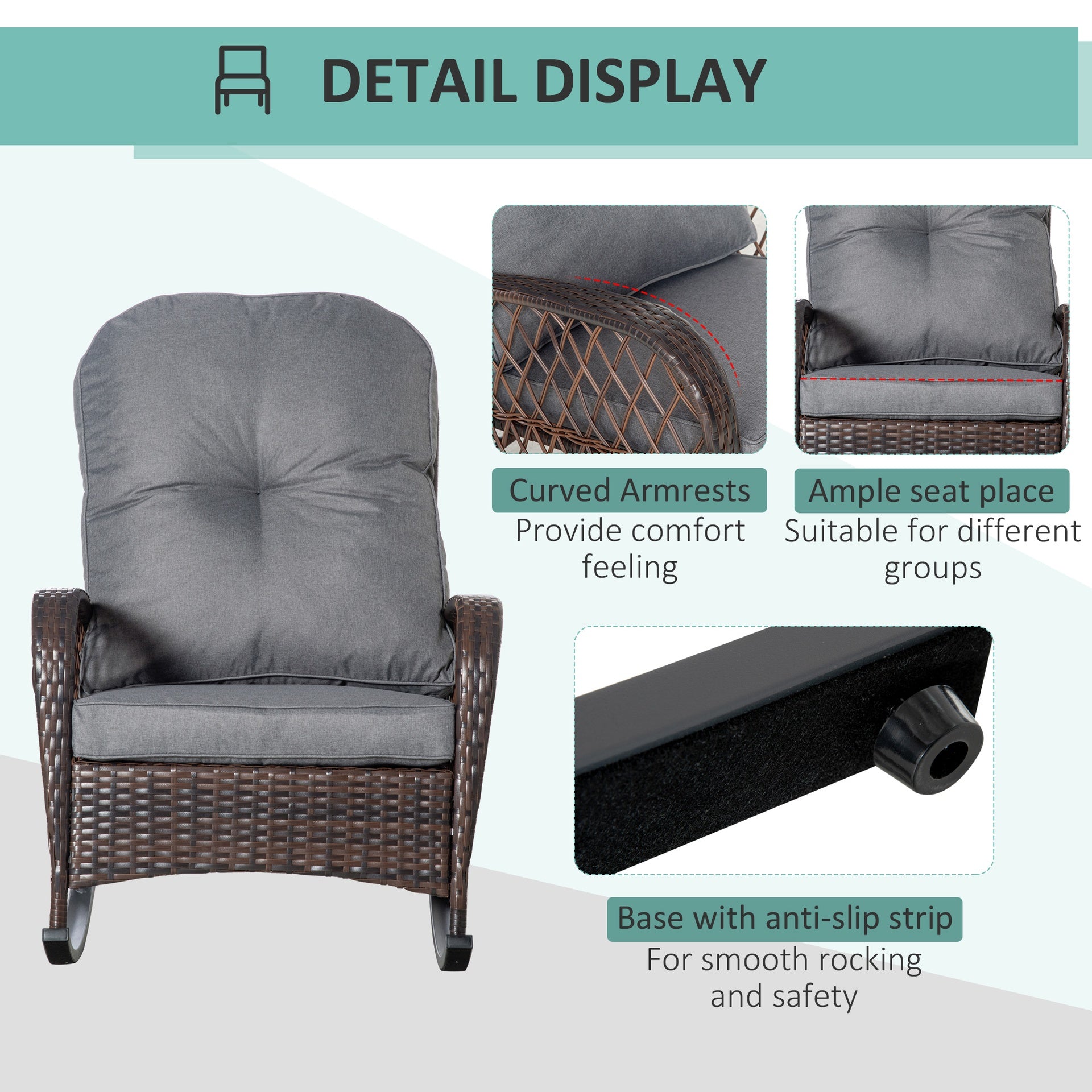Outsunny Rattan Porch Rocker w/ Plush Cushion, Gray