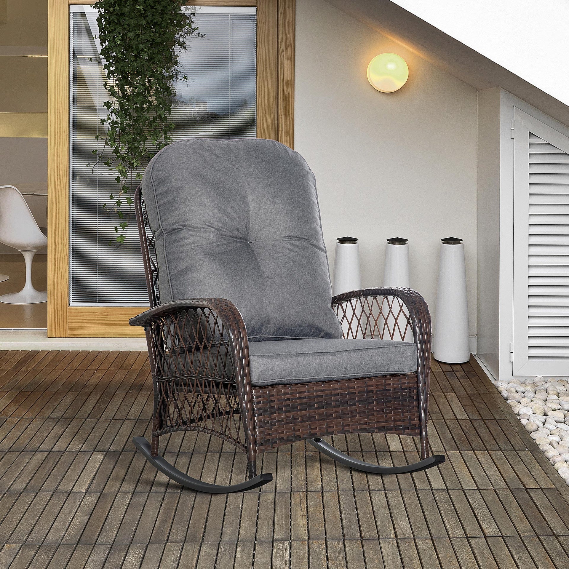 Outsunny Rattan Porch Rocker w/ Plush Cushion, Gray