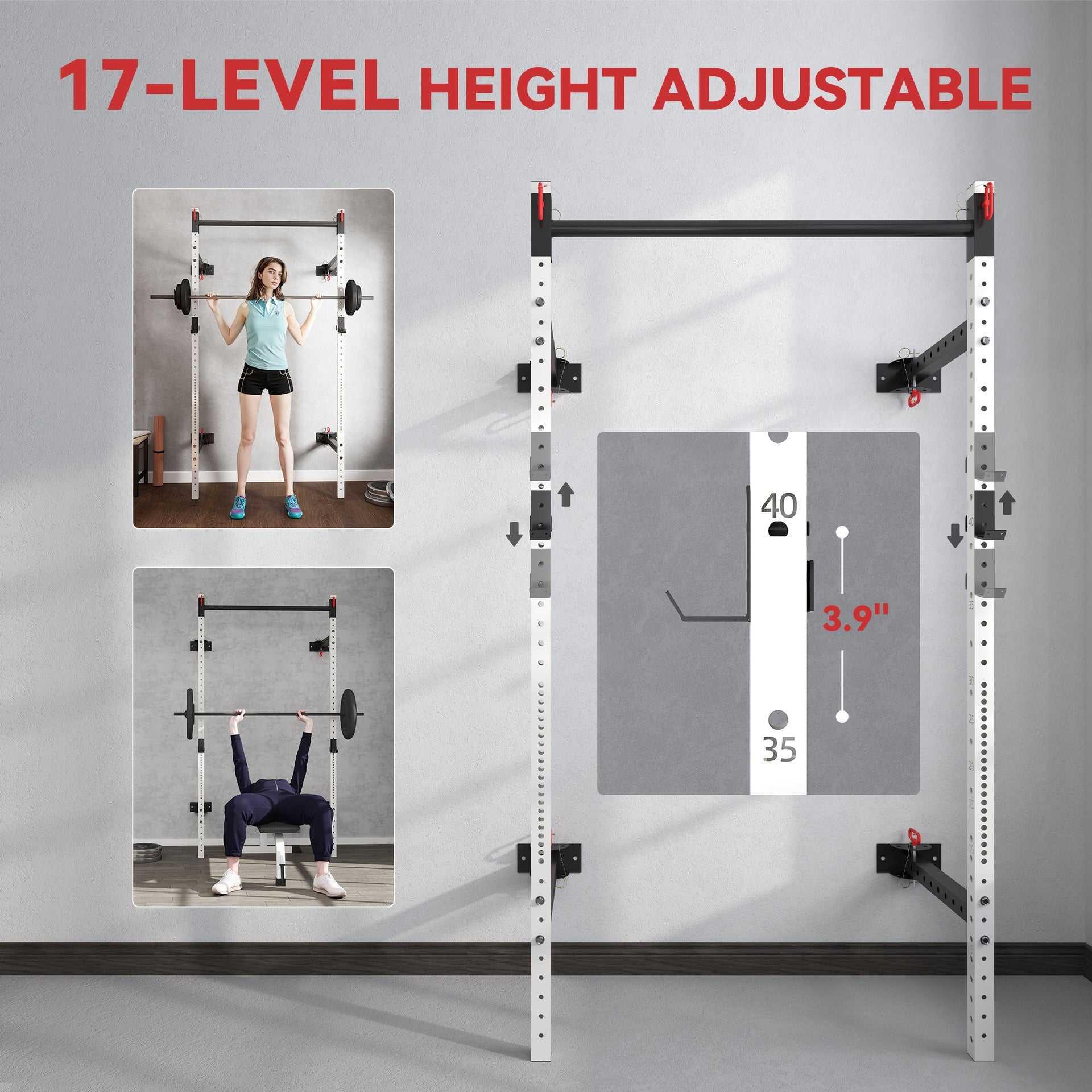 Soozier Folding Squat Rack with Pull Up Bar, Wall Mounted and Adjustable, 1000 Pounds Capacity Power Rack, White