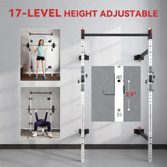 Soozier Folding Squat Rack with Pull Up Bar, Wall Mounted and Adjustable, 1000 Pounds Capacity Power Rack, White