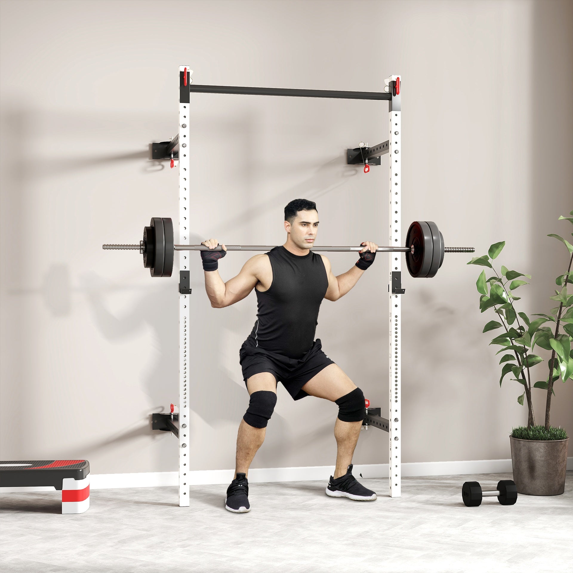 Soozier Folding Squat Rack with Pull Up Bar, Wall Mounted and Adjustable, 1000 Pounds Capacity Power Rack, White