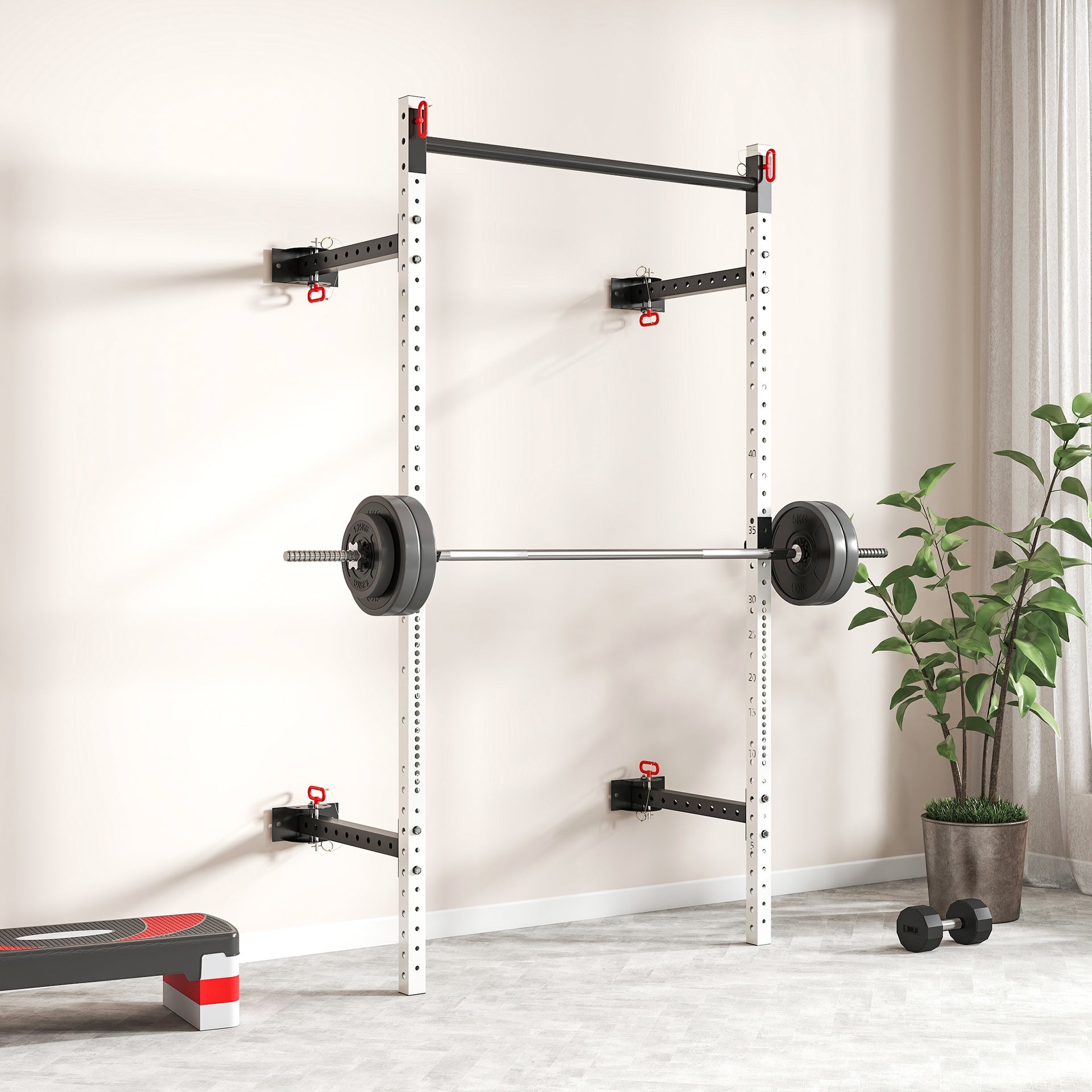 Soozier Folding Squat Rack with Pull Up Bar, Wall Mounted and Adjustable, 1000 Pounds Capacity Power Rack, White