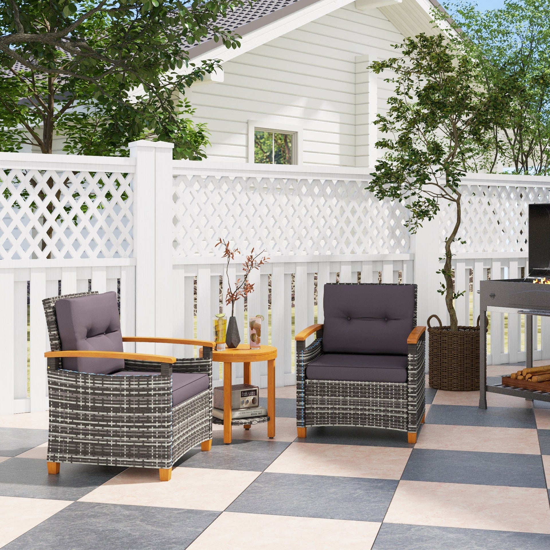 Outsunny Outdoor Bistro Set Wicker Patio Furniture with Cushions for Porch, Backyard, Garden, Gray