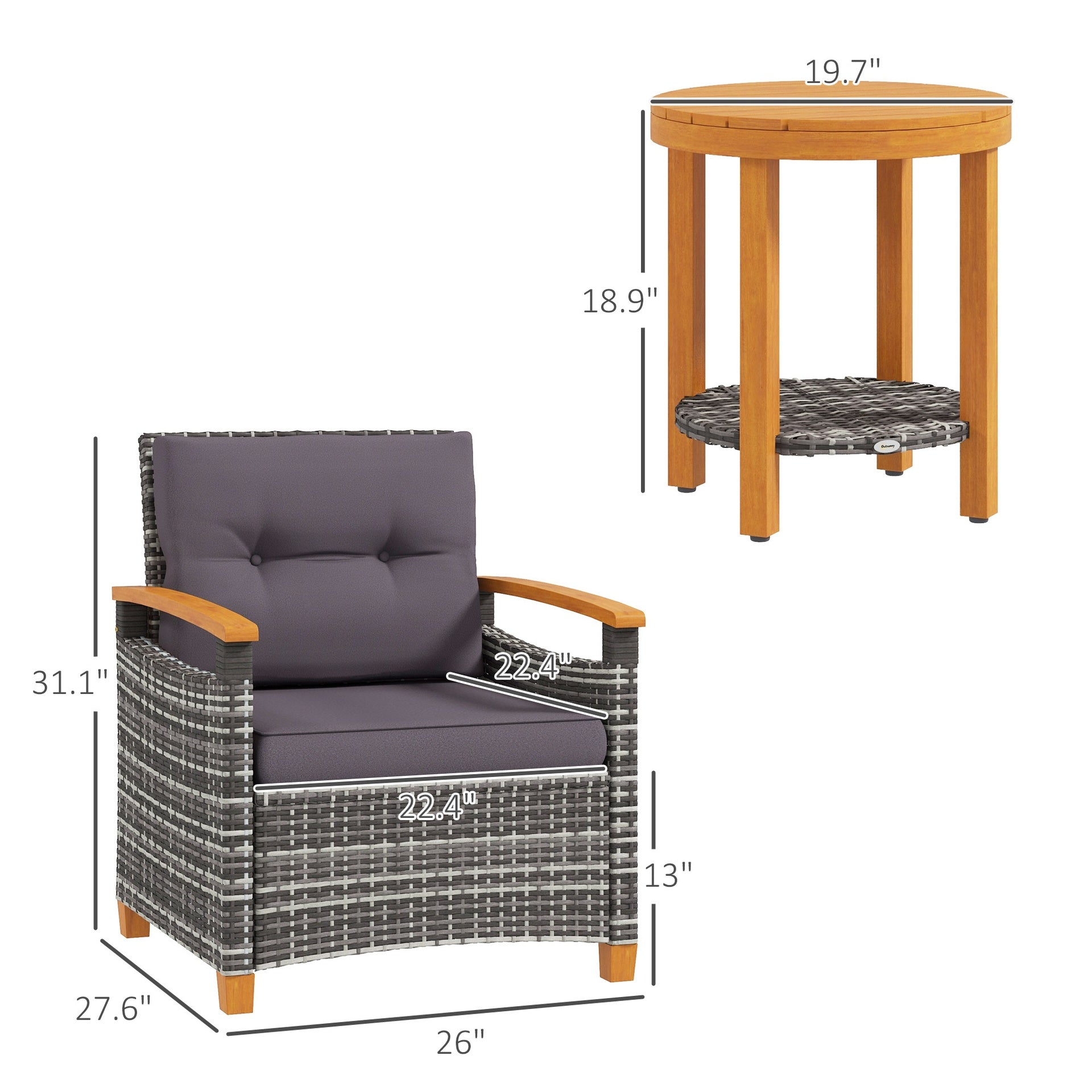 Outsunny Outdoor Bistro Set Wicker Patio Furniture with Cushions for Porch, Backyard, Garden, Gray