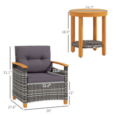 Outsunny Outdoor Bistro Set Wicker Patio Furniture with Cushions for Porch, Backyard, Garden, Gray