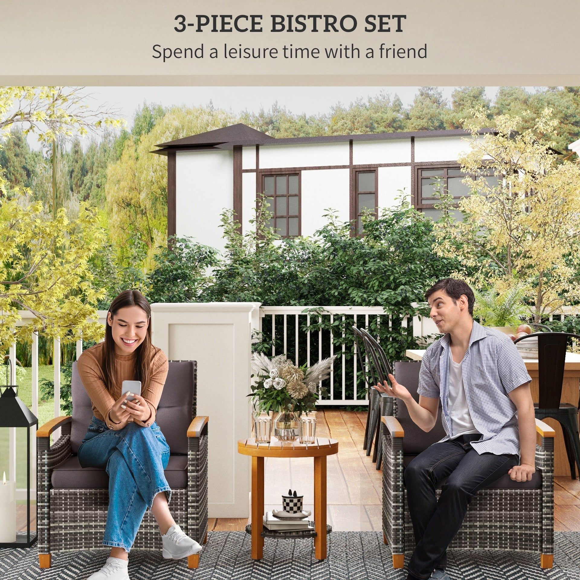 Outsunny Outdoor Bistro Set Wicker Patio Furniture with Cushions for Porch, Backyard, Garden, Gray