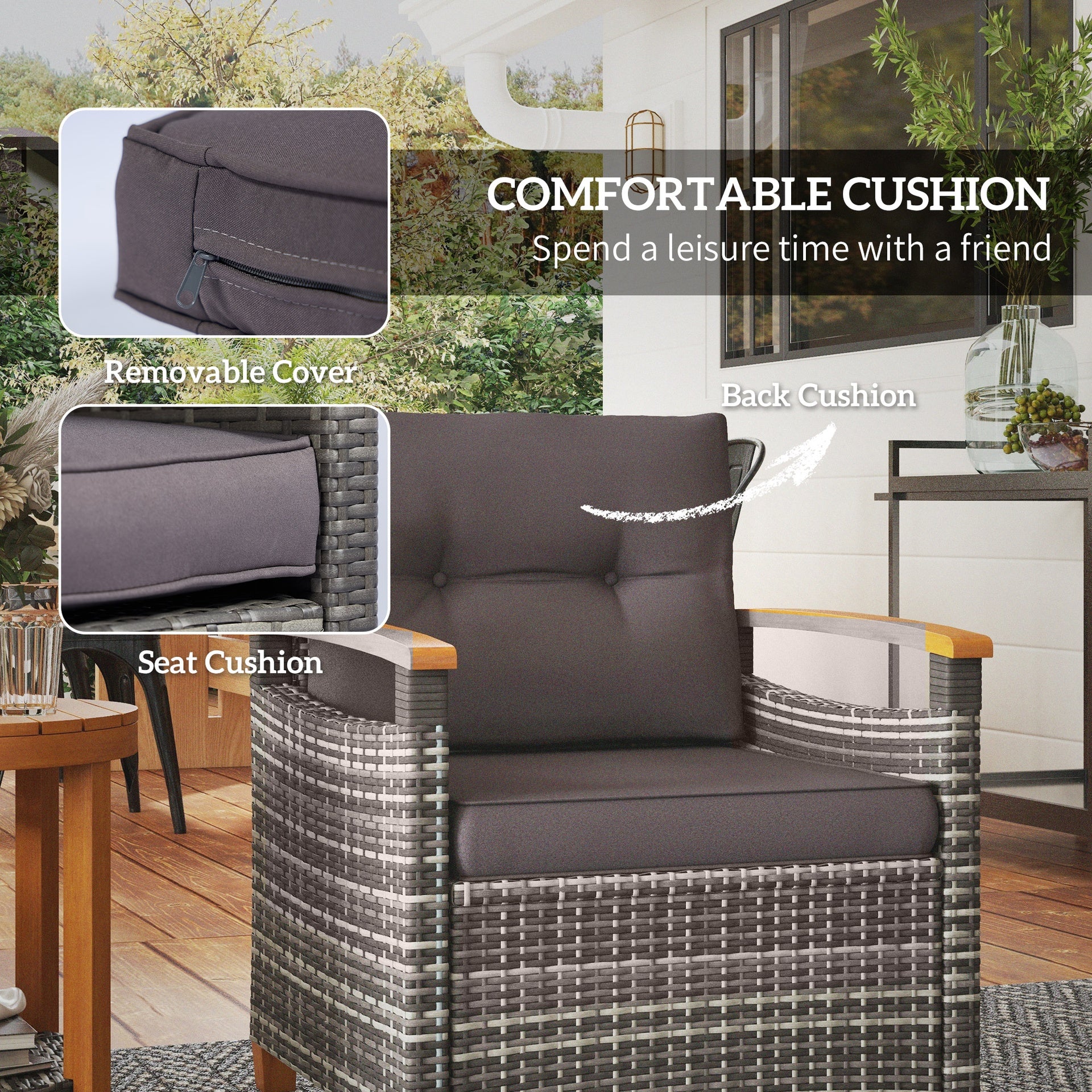 Outsunny Outdoor Bistro Set Wicker Patio Furniture with Cushions for Porch, Backyard, Garden, Gray