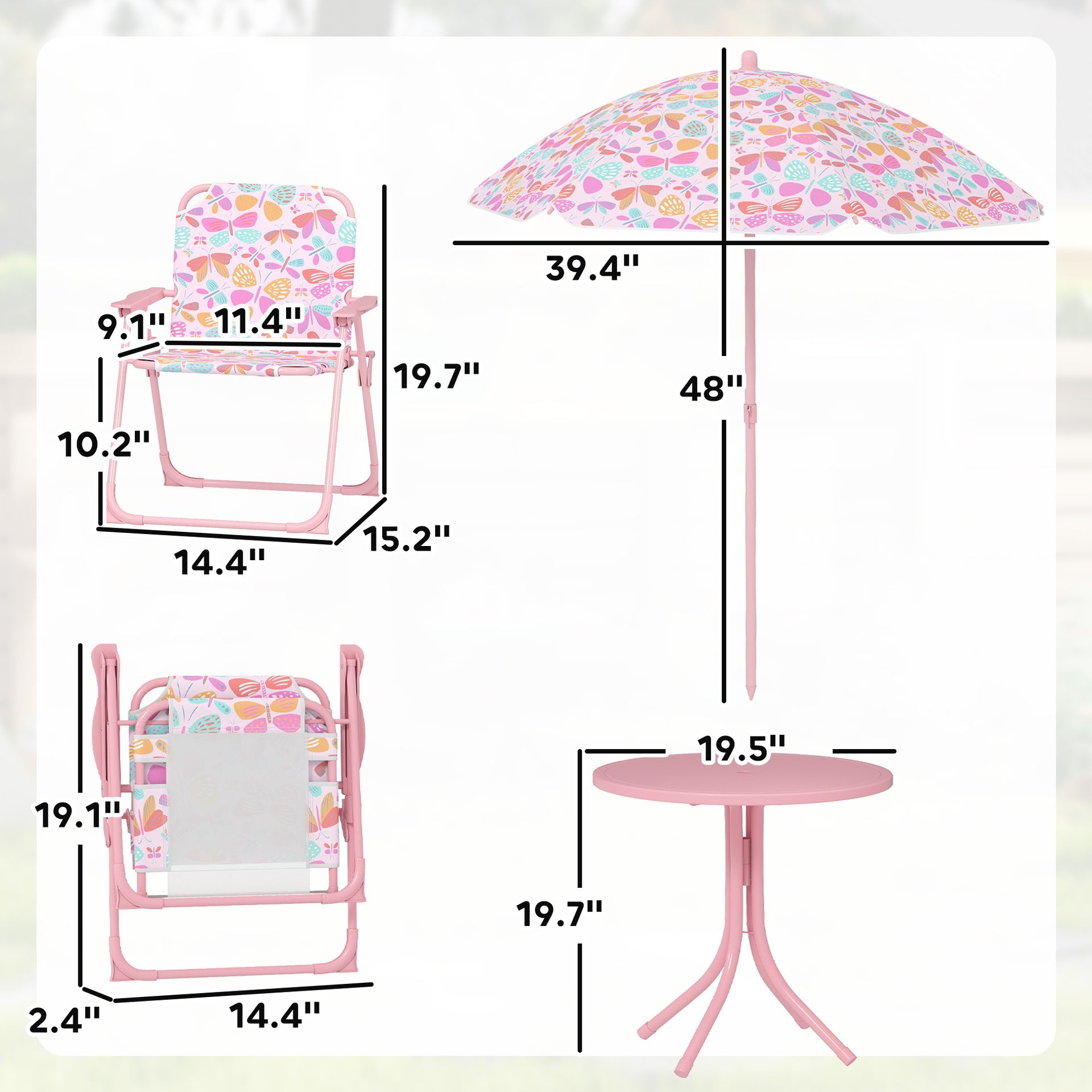 Qaba Kids Picnic Table and Chair Set, Outdoor Table with Foldable Chairs, Removable Umbrella, Pink