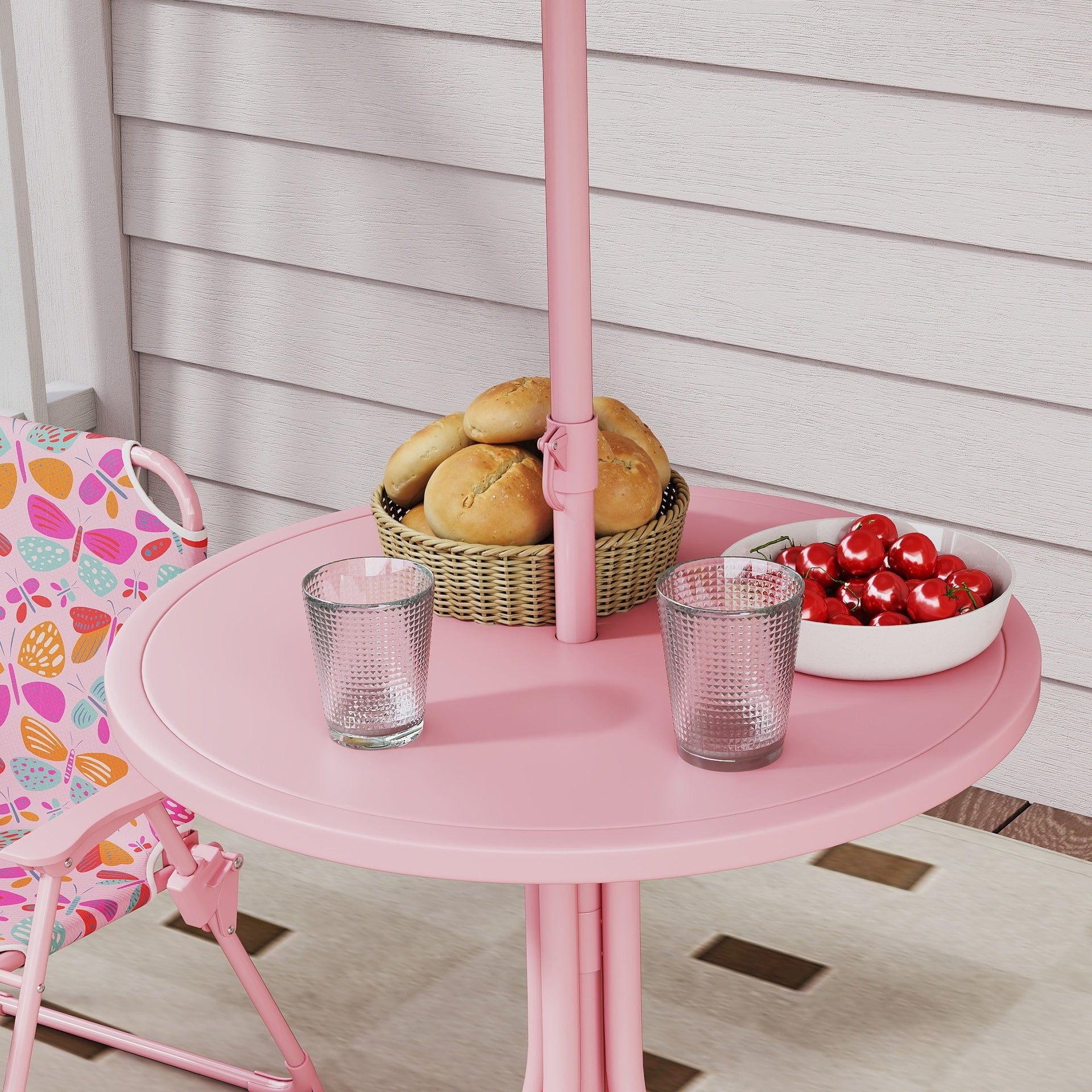 Qaba Kids Picnic Table and Chair Set, Outdoor Table with Foldable Chairs, Removable Umbrella, Pink