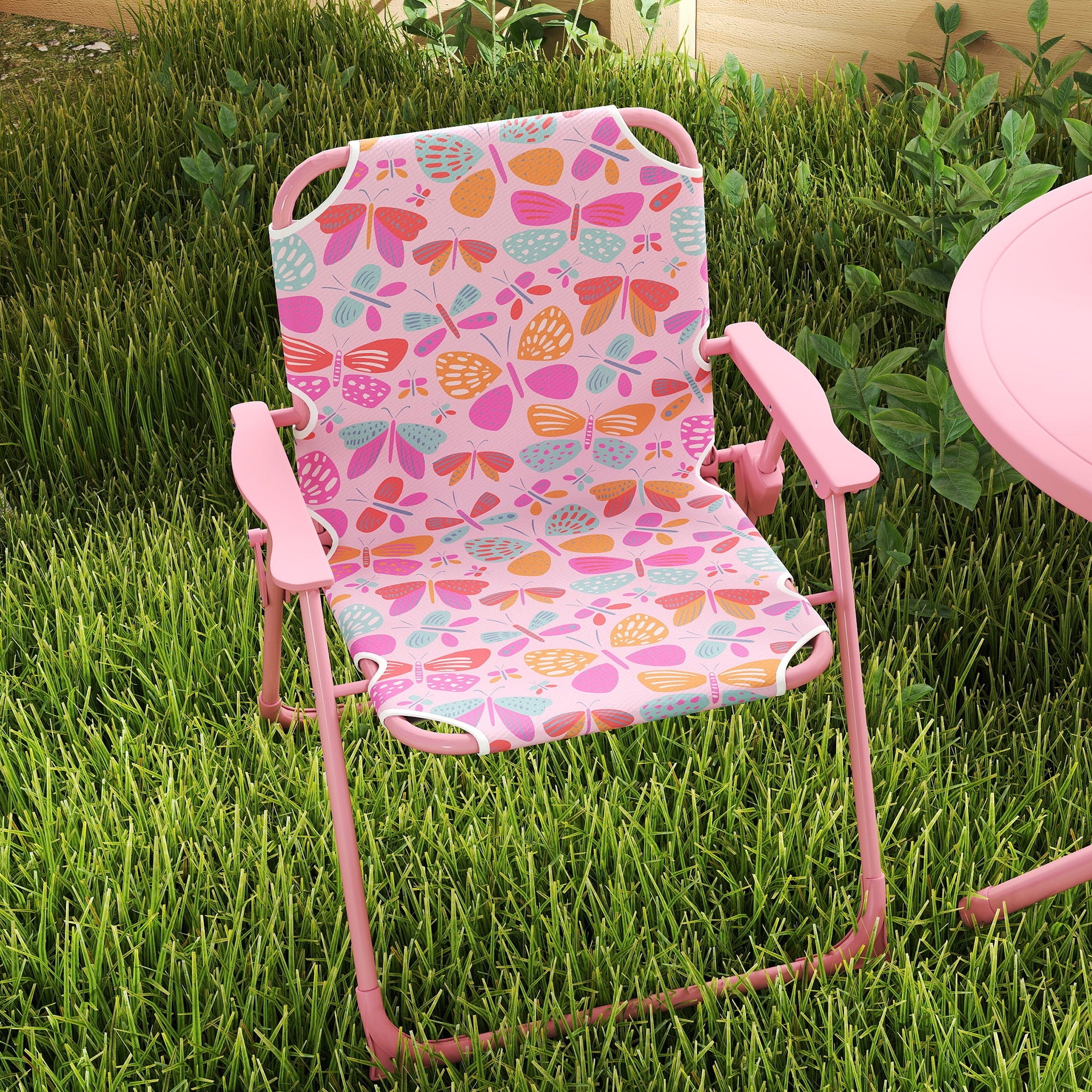 Qaba Kids Picnic Table and Chair Set, Outdoor Table with Foldable Chairs, Removable Umbrella, Pink