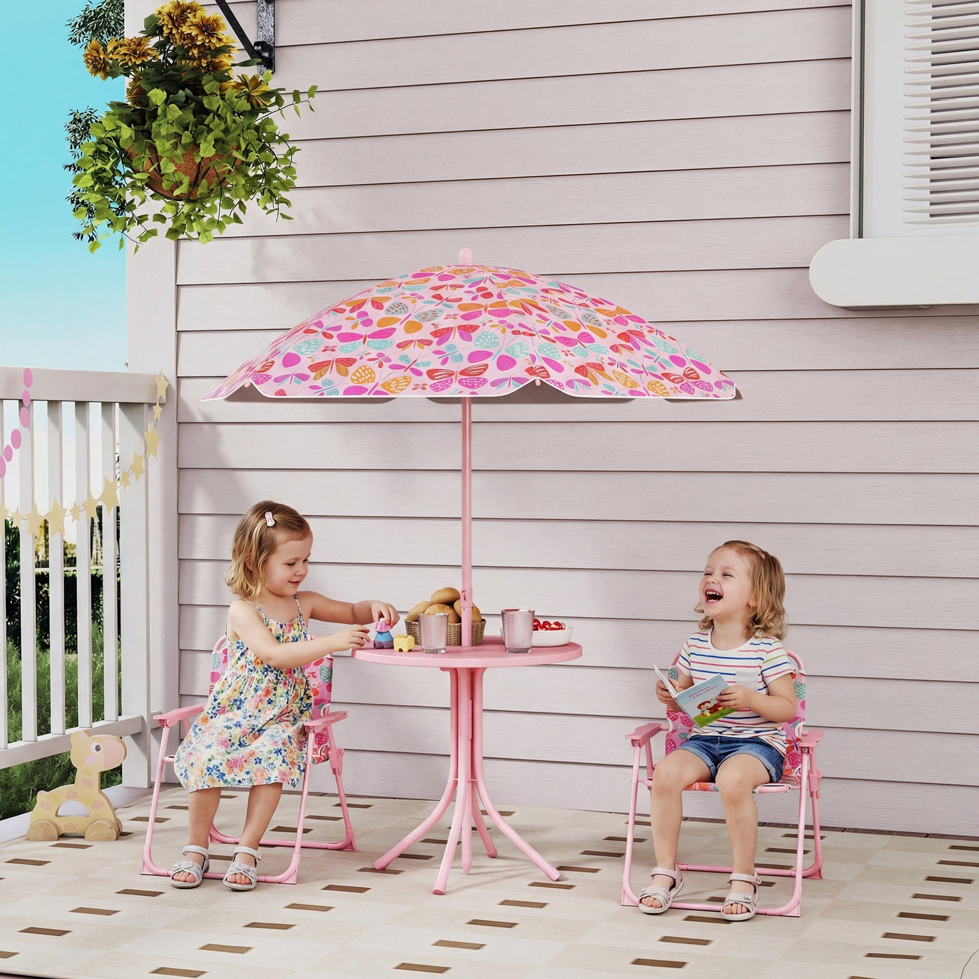 Qaba Kids Picnic Table and Chair Set, Outdoor Table with Foldable Chairs, Removable Umbrella, Pink