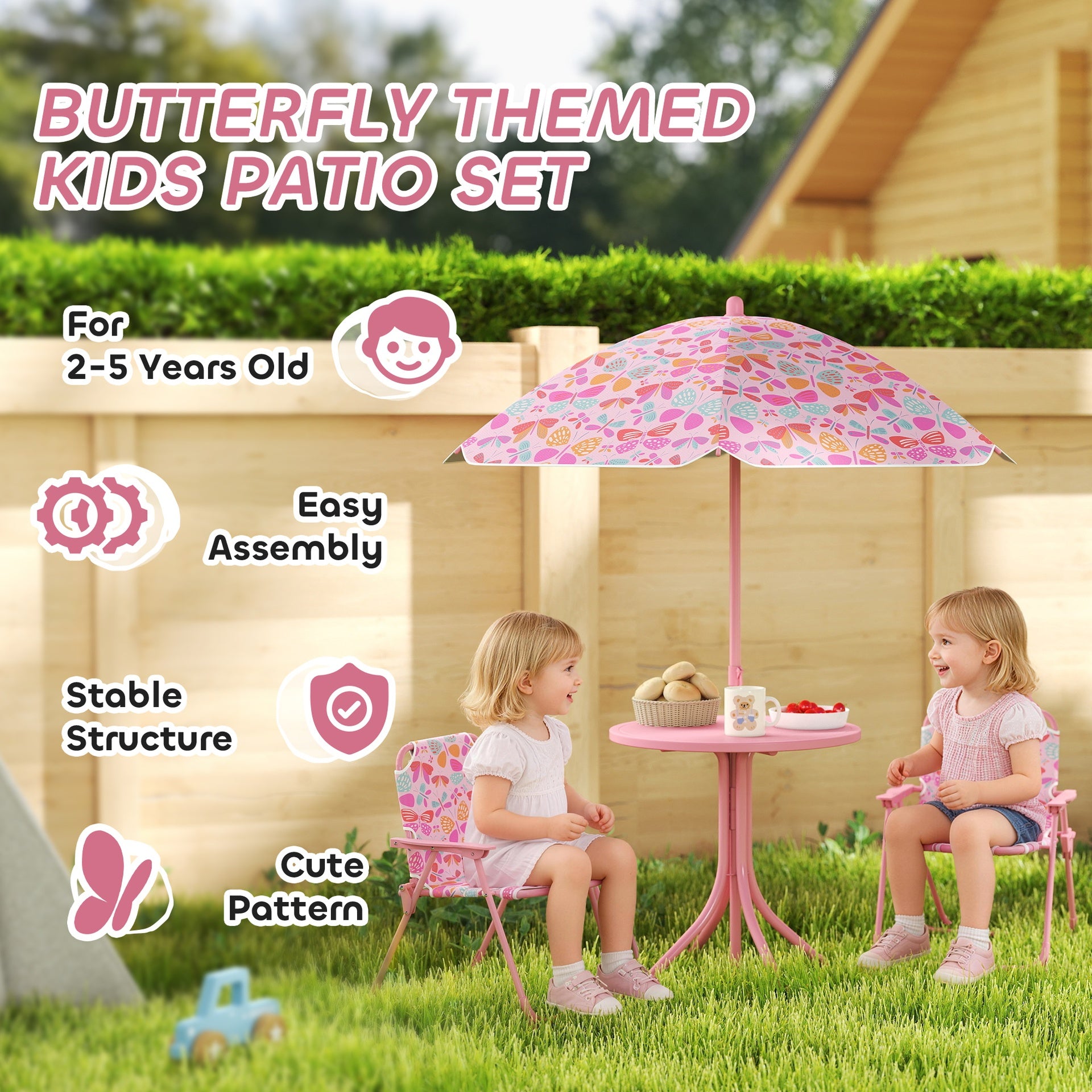 Qaba Kids Picnic Table and Chair Set, Outdoor Table with Foldable Chairs, Removable Umbrella, Pink