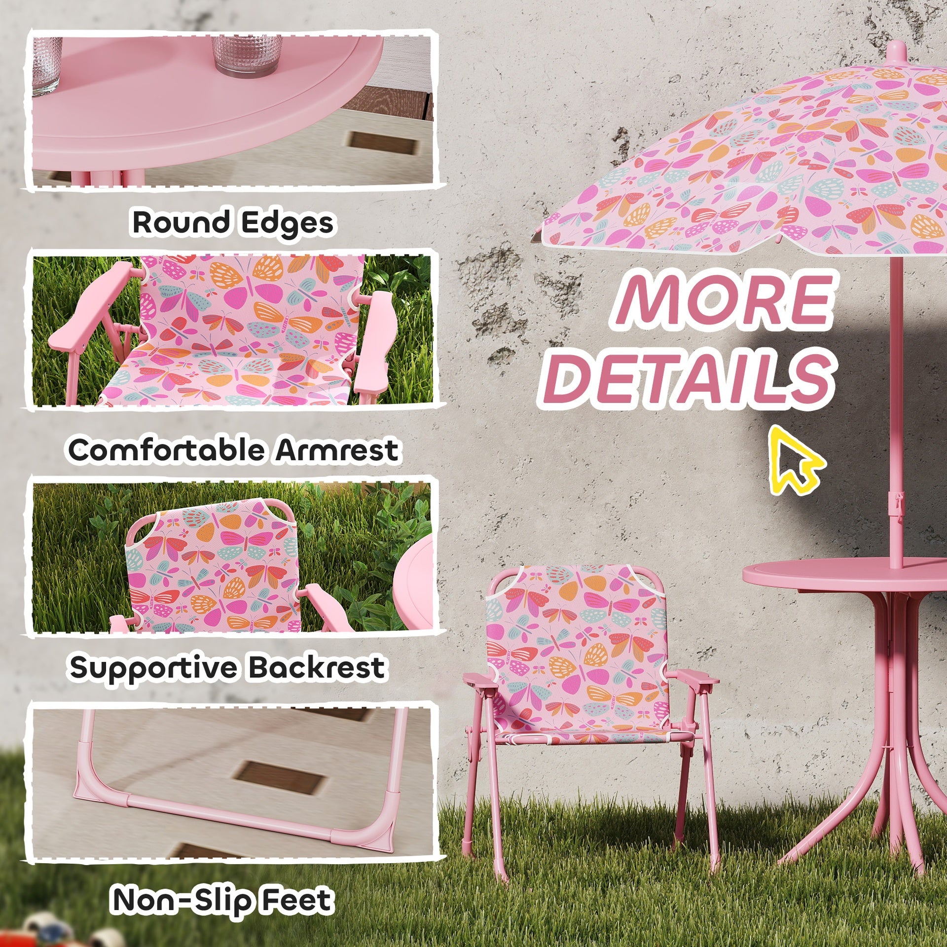Qaba Kids Picnic Table and Chair Set, Outdoor Table with Foldable Chairs, Removable Umbrella, Pink